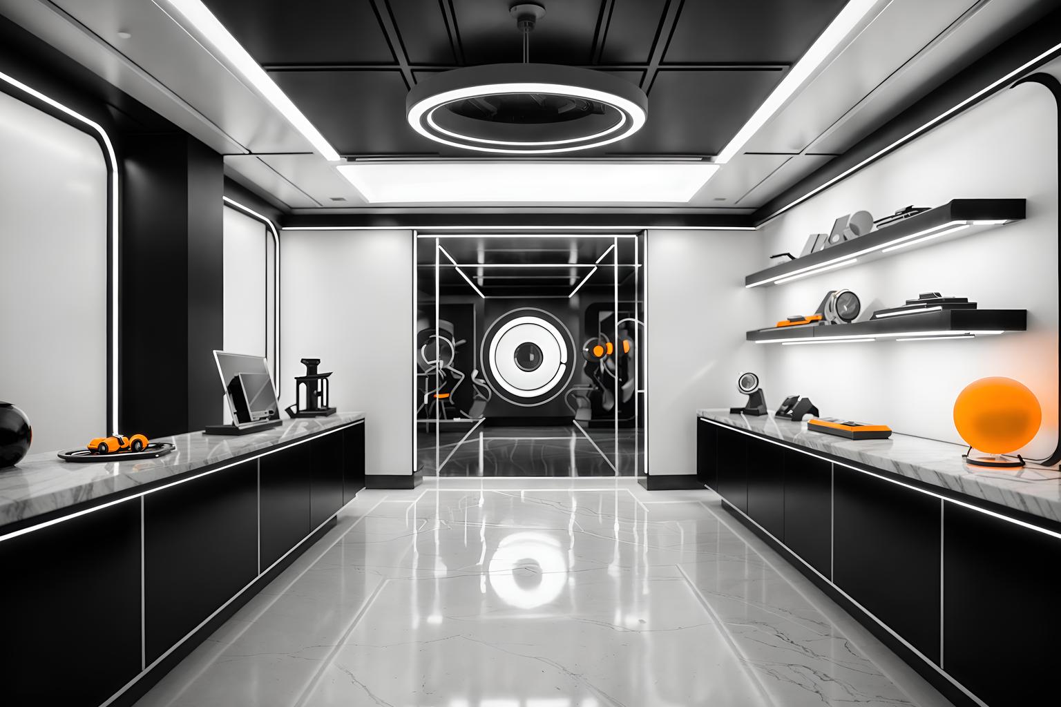 retro futuristic-style (clothing store interior) . with smooth marble and monochromatic palette and floating surfaces and circular shapes and steel finishing and minimalist clean lines and futuristic interior and light colors. . cinematic photo, highly detailed, cinematic lighting, ultra-detailed, ultrarealistic, photorealism, 8k. retro futuristic interior design style. masterpiece, cinematic light, ultrarealistic+, photorealistic+, 8k, raw photo, realistic, sharp focus on eyes, (symmetrical eyes), (intact eyes), hyperrealistic, highest quality, best quality, , highly detailed, masterpiece, best quality, extremely detailed 8k wallpaper, masterpiece, best quality, ultra-detailed, best shadow, detailed background, detailed face, detailed eyes, high contrast, best illumination, detailed face, dulux, caustic, dynamic angle, detailed glow. dramatic lighting. highly detailed, insanely detailed hair, symmetrical, intricate details, professionally retouched, 8k high definition. strong bokeh. award winning photo.