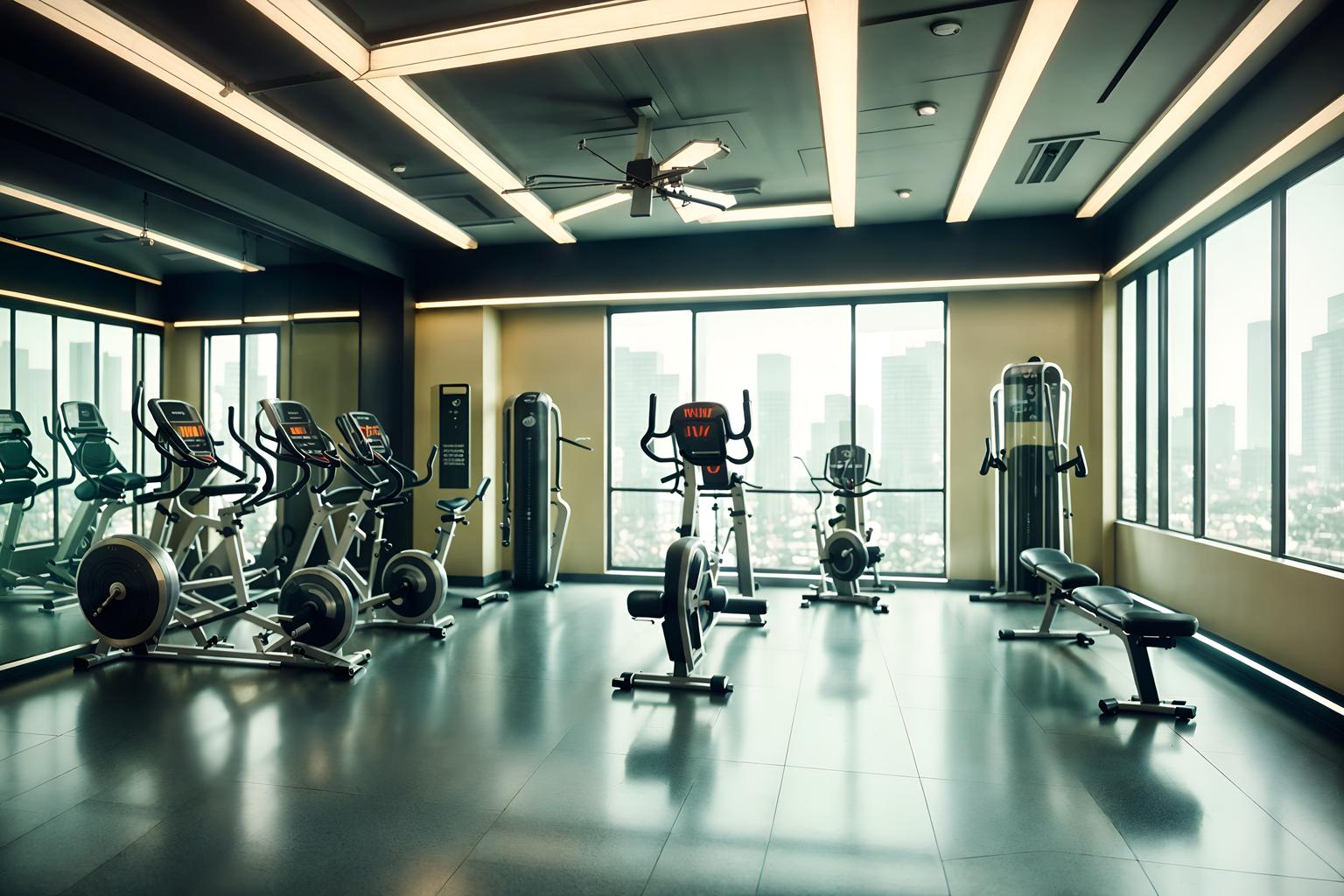 retro futuristic-style (fitness gym interior) with exercise bicycle and crosstrainer and squat rack and dumbbell stand and bench press and exercise bicycle. . with light colors and vintage futurism and glass panes and futuristic interior and futurism minimalist interior and neutral background and bright accents and circular shapes and smooth polished marble. . cinematic photo, highly detailed, cinematic lighting, ultra-detailed, ultrarealistic, photorealism, 8k. retro futuristic interior design style. masterpiece, cinematic light, ultrarealistic+, photorealistic+, 8k, raw photo, realistic, sharp focus on eyes, (symmetrical eyes), (intact eyes), hyperrealistic, highest quality, best quality, , highly detailed, masterpiece, best quality, extremely detailed 8k wallpaper, masterpiece, best quality, ultra-detailed, best shadow, detailed background, detailed face, detailed eyes, high contrast, best illumination, detailed face, dulux, caustic, dynamic angle, detailed glow. dramatic lighting. highly detailed, insanely detailed hair, symmetrical, intricate details, professionally retouched, 8k high definition. strong bokeh. award winning photo.