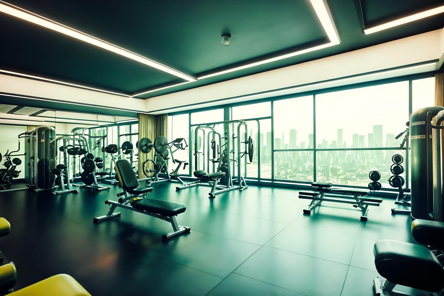 retro futuristic-style (fitness gym interior) with exercise bicycle and crosstrainer and squat rack and dumbbell stand and bench press and exercise bicycle. . with light colors and vintage futurism and glass panes and futuristic interior and futurism minimalist interior and neutral background and bright accents and circular shapes and smooth polished marble. . cinematic photo, highly detailed, cinematic lighting, ultra-detailed, ultrarealistic, photorealism, 8k. retro futuristic interior design style. masterpiece, cinematic light, ultrarealistic+, photorealistic+, 8k, raw photo, realistic, sharp focus on eyes, (symmetrical eyes), (intact eyes), hyperrealistic, highest quality, best quality, , highly detailed, masterpiece, best quality, extremely detailed 8k wallpaper, masterpiece, best quality, ultra-detailed, best shadow, detailed background, detailed face, detailed eyes, high contrast, best illumination, detailed face, dulux, caustic, dynamic angle, detailed glow. dramatic lighting. highly detailed, insanely detailed hair, symmetrical, intricate details, professionally retouched, 8k high definition. strong bokeh. award winning photo.