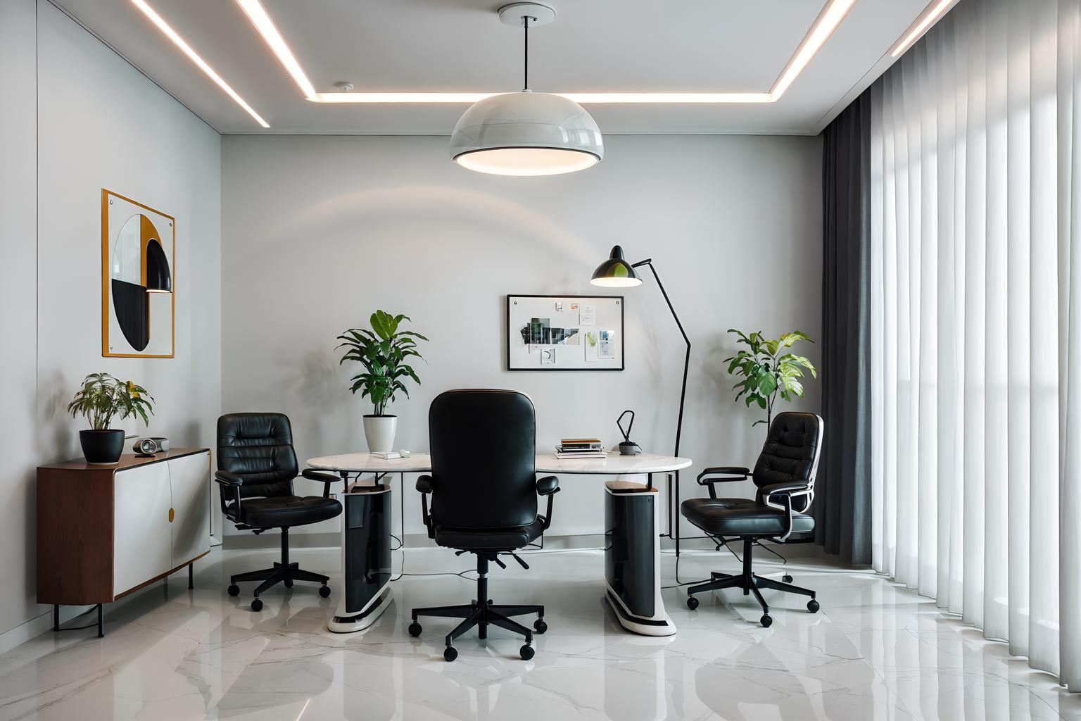 retro futuristic-style (home office interior) with desk lamp and computer desk and cabinets and plant and office chair and desk lamp. . with circular shapes and monochromatic palette and smooth marble and smooth polished marble and futuristic interior and neutral background and bright accents and minimalist clean lines and glass panes. . cinematic photo, highly detailed, cinematic lighting, ultra-detailed, ultrarealistic, photorealism, 8k. retro futuristic interior design style. masterpiece, cinematic light, ultrarealistic+, photorealistic+, 8k, raw photo, realistic, sharp focus on eyes, (symmetrical eyes), (intact eyes), hyperrealistic, highest quality, best quality, , highly detailed, masterpiece, best quality, extremely detailed 8k wallpaper, masterpiece, best quality, ultra-detailed, best shadow, detailed background, detailed face, detailed eyes, high contrast, best illumination, detailed face, dulux, caustic, dynamic angle, detailed glow. dramatic lighting. highly detailed, insanely detailed hair, symmetrical, intricate details, professionally retouched, 8k high definition. strong bokeh. award winning photo.