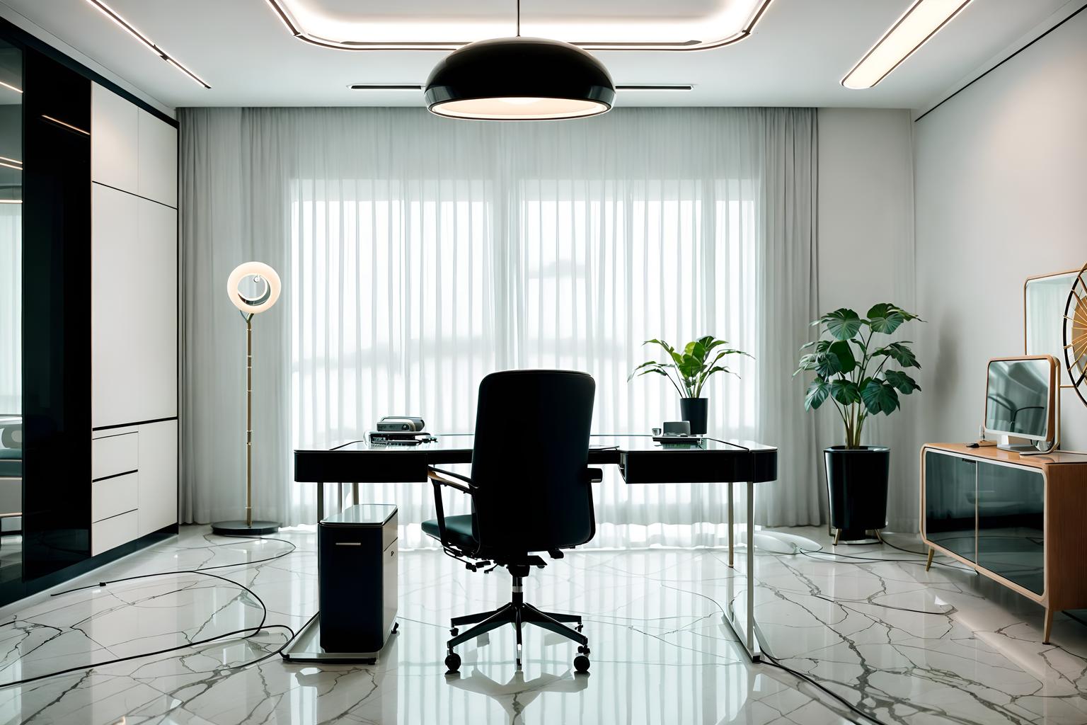 retro futuristic-style (home office interior) with desk lamp and computer desk and cabinets and plant and office chair and desk lamp. . with circular shapes and monochromatic palette and smooth marble and smooth polished marble and futuristic interior and neutral background and bright accents and minimalist clean lines and glass panes. . cinematic photo, highly detailed, cinematic lighting, ultra-detailed, ultrarealistic, photorealism, 8k. retro futuristic interior design style. masterpiece, cinematic light, ultrarealistic+, photorealistic+, 8k, raw photo, realistic, sharp focus on eyes, (symmetrical eyes), (intact eyes), hyperrealistic, highest quality, best quality, , highly detailed, masterpiece, best quality, extremely detailed 8k wallpaper, masterpiece, best quality, ultra-detailed, best shadow, detailed background, detailed face, detailed eyes, high contrast, best illumination, detailed face, dulux, caustic, dynamic angle, detailed glow. dramatic lighting. highly detailed, insanely detailed hair, symmetrical, intricate details, professionally retouched, 8k high definition. strong bokeh. award winning photo.