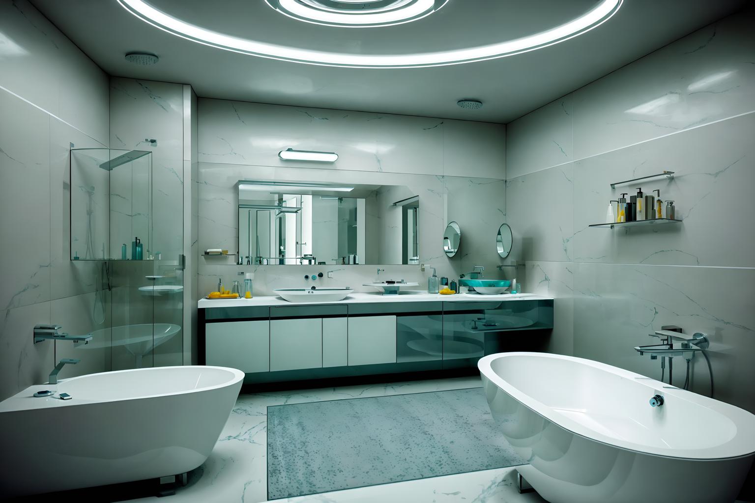 retro futuristic-style (bathroom interior) with mirror and shower and bathroom sink with faucet and waste basket and bath towel and bathtub and bath rail and bathroom cabinet. . with circular shapes and steel finishing and glass panes and light colors and futuristic interior and floating surfaces and futurism minimalist interior and strong geometric walls. . cinematic photo, highly detailed, cinematic lighting, ultra-detailed, ultrarealistic, photorealism, 8k. retro futuristic interior design style. masterpiece, cinematic light, ultrarealistic+, photorealistic+, 8k, raw photo, realistic, sharp focus on eyes, (symmetrical eyes), (intact eyes), hyperrealistic, highest quality, best quality, , highly detailed, masterpiece, best quality, extremely detailed 8k wallpaper, masterpiece, best quality, ultra-detailed, best shadow, detailed background, detailed face, detailed eyes, high contrast, best illumination, detailed face, dulux, caustic, dynamic angle, detailed glow. dramatic lighting. highly detailed, insanely detailed hair, symmetrical, intricate details, professionally retouched, 8k high definition. strong bokeh. award winning photo.