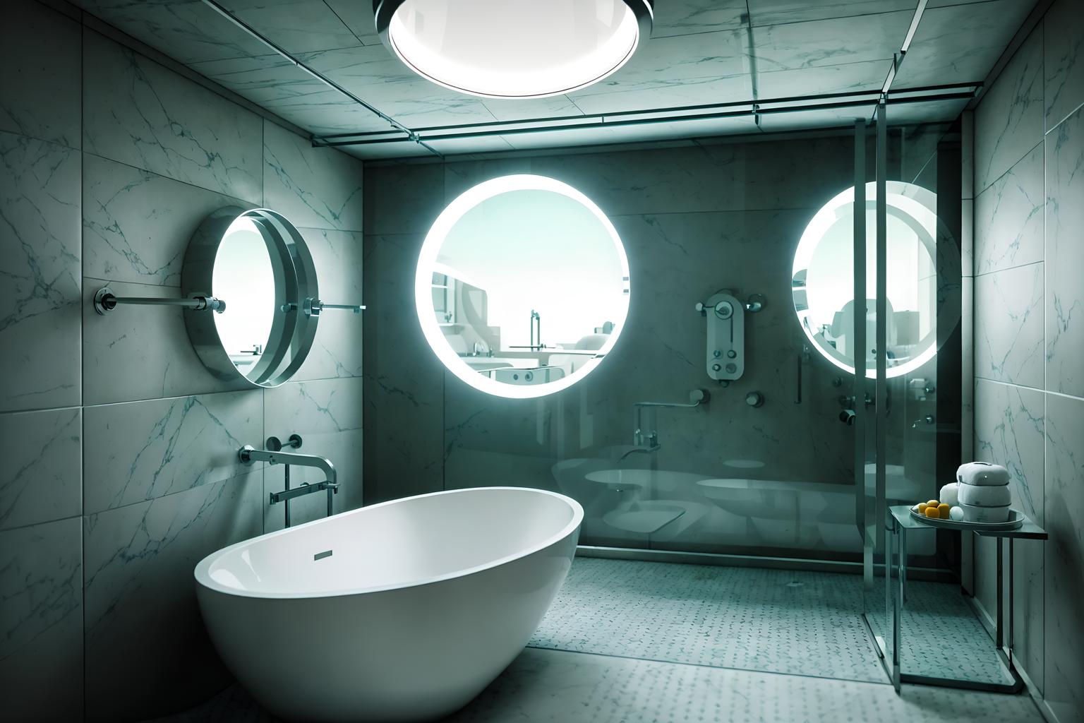 retro futuristic-style (bathroom interior) with mirror and shower and bathroom sink with faucet and waste basket and bath towel and bathtub and bath rail and bathroom cabinet. . with circular shapes and steel finishing and glass panes and light colors and futuristic interior and floating surfaces and futurism minimalist interior and strong geometric walls. . cinematic photo, highly detailed, cinematic lighting, ultra-detailed, ultrarealistic, photorealism, 8k. retro futuristic interior design style. masterpiece, cinematic light, ultrarealistic+, photorealistic+, 8k, raw photo, realistic, sharp focus on eyes, (symmetrical eyes), (intact eyes), hyperrealistic, highest quality, best quality, , highly detailed, masterpiece, best quality, extremely detailed 8k wallpaper, masterpiece, best quality, ultra-detailed, best shadow, detailed background, detailed face, detailed eyes, high contrast, best illumination, detailed face, dulux, caustic, dynamic angle, detailed glow. dramatic lighting. highly detailed, insanely detailed hair, symmetrical, intricate details, professionally retouched, 8k high definition. strong bokeh. award winning photo.