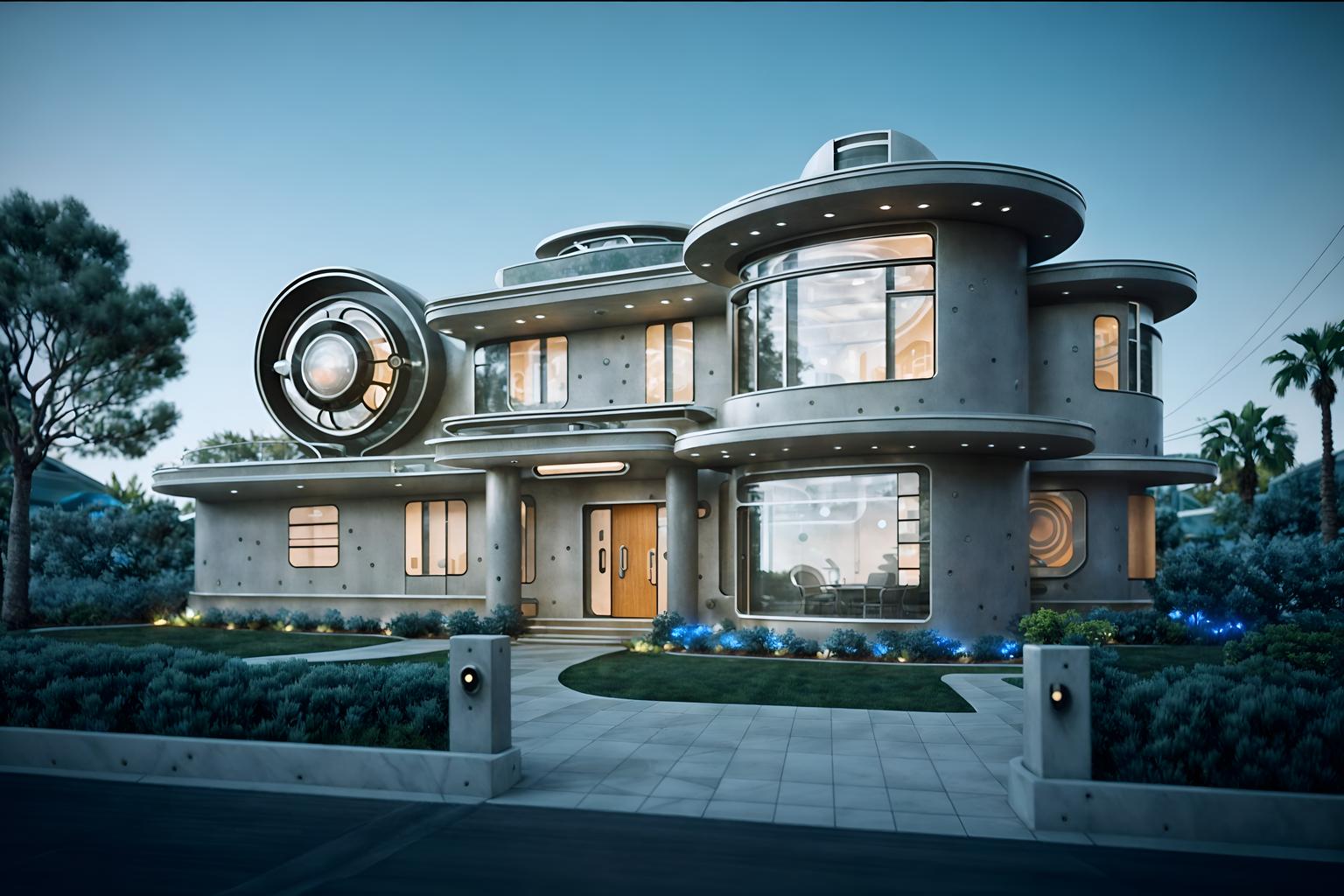 retro futuristic-style exterior designed (house exterior exterior) . with circular shapes and floating surfaces and glass panes and smooth polished marble and neutral background and bright accents and vintage futurism and futuristic exterior and strong geometric walls. . cinematic photo, highly detailed, cinematic lighting, ultra-detailed, ultrarealistic, photorealism, 8k. retro futuristic exterior design style. masterpiece, cinematic light, ultrarealistic+, photorealistic+, 8k, raw photo, realistic, sharp focus on eyes, (symmetrical eyes), (intact eyes), hyperrealistic, highest quality, best quality, , highly detailed, masterpiece, best quality, extremely detailed 8k wallpaper, masterpiece, best quality, ultra-detailed, best shadow, detailed background, detailed face, detailed eyes, high contrast, best illumination, detailed face, dulux, caustic, dynamic angle, detailed glow. dramatic lighting. highly detailed, insanely detailed hair, symmetrical, intricate details, professionally retouched, 8k high definition. strong bokeh. award winning photo.