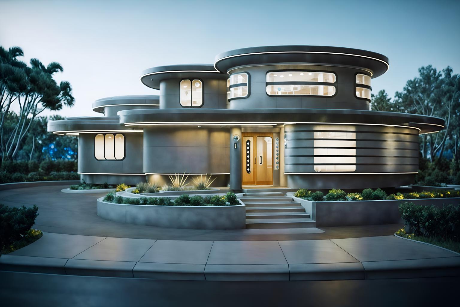 retro futuristic-style exterior designed (house exterior exterior) . with circular shapes and floating surfaces and glass panes and smooth polished marble and neutral background and bright accents and vintage futurism and futuristic exterior and strong geometric walls. . cinematic photo, highly detailed, cinematic lighting, ultra-detailed, ultrarealistic, photorealism, 8k. retro futuristic exterior design style. masterpiece, cinematic light, ultrarealistic+, photorealistic+, 8k, raw photo, realistic, sharp focus on eyes, (symmetrical eyes), (intact eyes), hyperrealistic, highest quality, best quality, , highly detailed, masterpiece, best quality, extremely detailed 8k wallpaper, masterpiece, best quality, ultra-detailed, best shadow, detailed background, detailed face, detailed eyes, high contrast, best illumination, detailed face, dulux, caustic, dynamic angle, detailed glow. dramatic lighting. highly detailed, insanely detailed hair, symmetrical, intricate details, professionally retouched, 8k high definition. strong bokeh. award winning photo.
