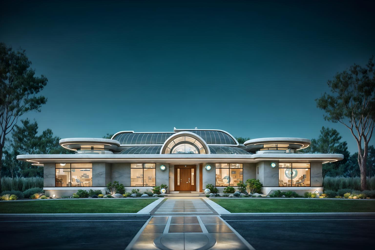 retro futuristic-style exterior designed (house exterior exterior) . with circular shapes and floating surfaces and glass panes and smooth polished marble and neutral background and bright accents and vintage futurism and futuristic exterior and strong geometric walls. . cinematic photo, highly detailed, cinematic lighting, ultra-detailed, ultrarealistic, photorealism, 8k. retro futuristic exterior design style. masterpiece, cinematic light, ultrarealistic+, photorealistic+, 8k, raw photo, realistic, sharp focus on eyes, (symmetrical eyes), (intact eyes), hyperrealistic, highest quality, best quality, , highly detailed, masterpiece, best quality, extremely detailed 8k wallpaper, masterpiece, best quality, ultra-detailed, best shadow, detailed background, detailed face, detailed eyes, high contrast, best illumination, detailed face, dulux, caustic, dynamic angle, detailed glow. dramatic lighting. highly detailed, insanely detailed hair, symmetrical, intricate details, professionally retouched, 8k high definition. strong bokeh. award winning photo.