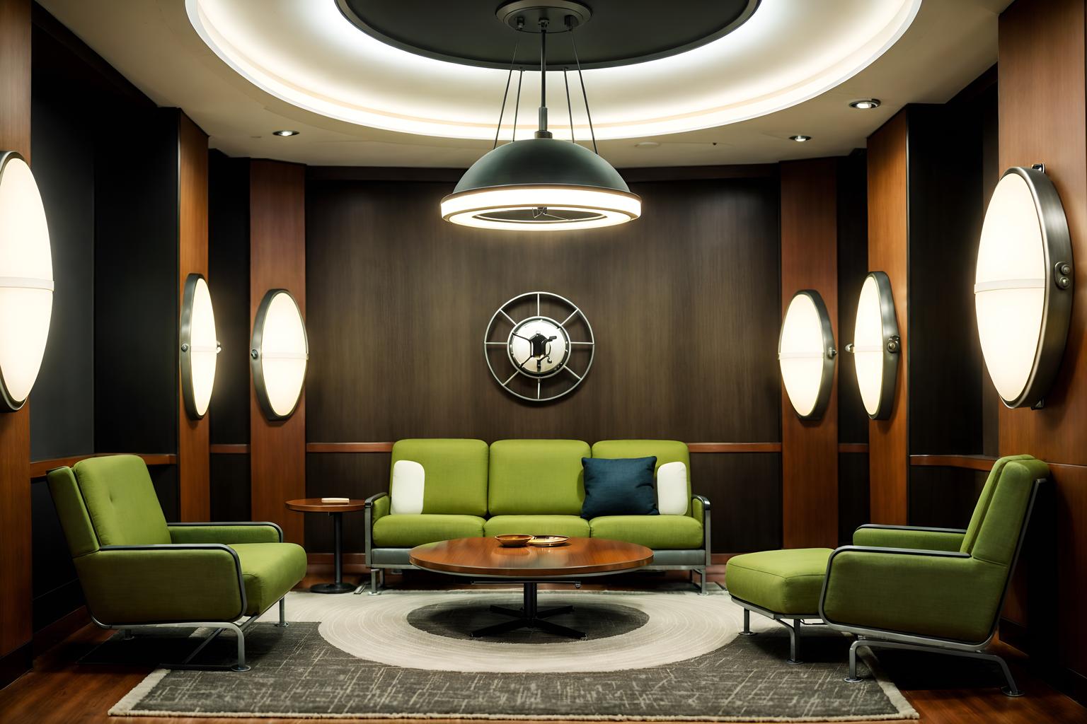 retro futuristic-style (hotel lobby interior) with lounge chairs and rug and hanging lamps and sofas and coffee tables and furniture and plant and check in desk. . with futurism minimalist interior and monochromatic palette and neutral background and bright accents and floating surfaces and steel finishing and vintage futurism and circular shapes and strong geometric walls. . cinematic photo, highly detailed, cinematic lighting, ultra-detailed, ultrarealistic, photorealism, 8k. retro futuristic interior design style. masterpiece, cinematic light, ultrarealistic+, photorealistic+, 8k, raw photo, realistic, sharp focus on eyes, (symmetrical eyes), (intact eyes), hyperrealistic, highest quality, best quality, , highly detailed, masterpiece, best quality, extremely detailed 8k wallpaper, masterpiece, best quality, ultra-detailed, best shadow, detailed background, detailed face, detailed eyes, high contrast, best illumination, detailed face, dulux, caustic, dynamic angle, detailed glow. dramatic lighting. highly detailed, insanely detailed hair, symmetrical, intricate details, professionally retouched, 8k high definition. strong bokeh. award winning photo.