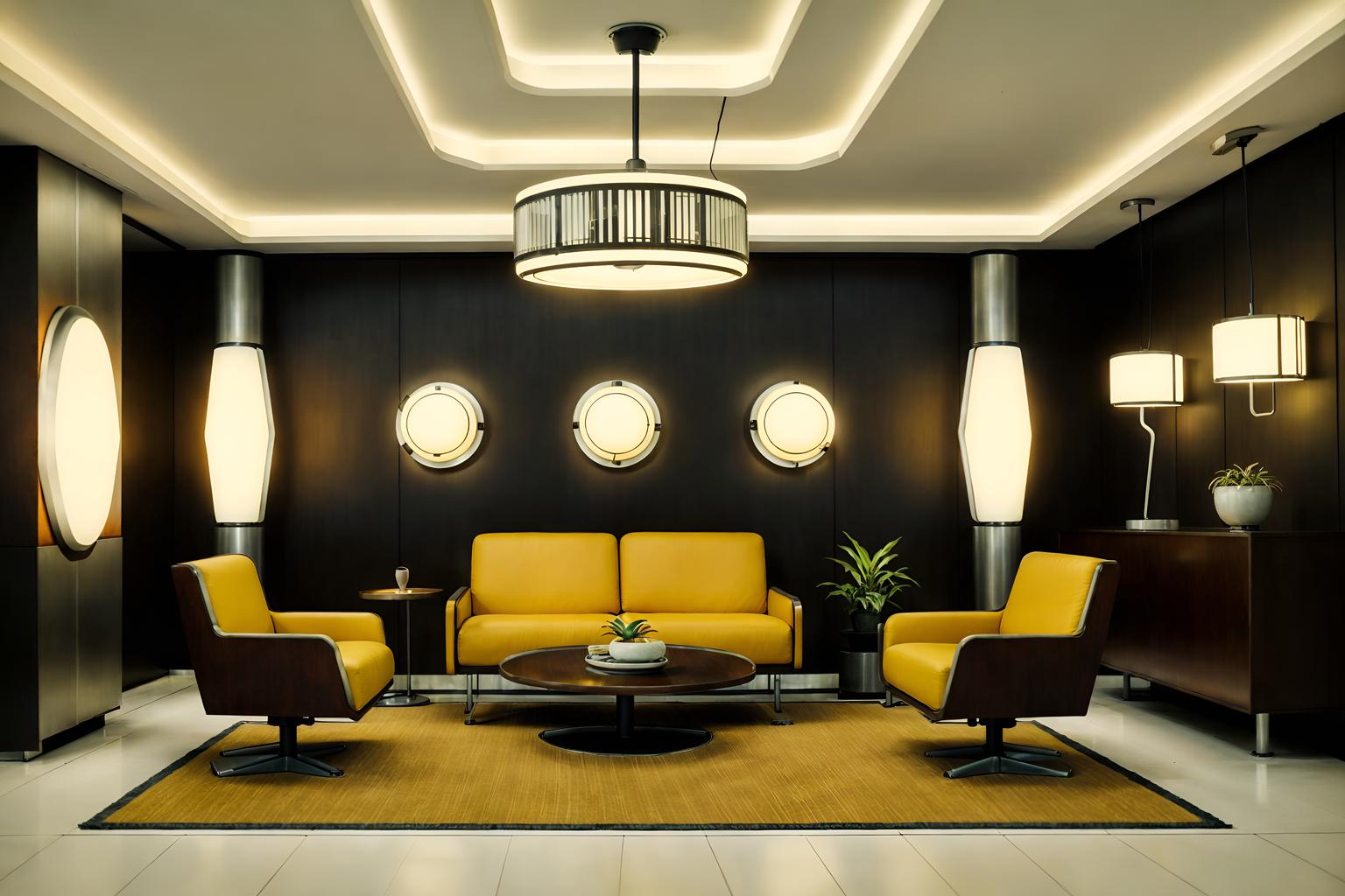 retro futuristic-style (hotel lobby interior) with lounge chairs and rug and hanging lamps and sofas and coffee tables and furniture and plant and check in desk. . with futurism minimalist interior and monochromatic palette and neutral background and bright accents and floating surfaces and steel finishing and vintage futurism and circular shapes and strong geometric walls. . cinematic photo, highly detailed, cinematic lighting, ultra-detailed, ultrarealistic, photorealism, 8k. retro futuristic interior design style. masterpiece, cinematic light, ultrarealistic+, photorealistic+, 8k, raw photo, realistic, sharp focus on eyes, (symmetrical eyes), (intact eyes), hyperrealistic, highest quality, best quality, , highly detailed, masterpiece, best quality, extremely detailed 8k wallpaper, masterpiece, best quality, ultra-detailed, best shadow, detailed background, detailed face, detailed eyes, high contrast, best illumination, detailed face, dulux, caustic, dynamic angle, detailed glow. dramatic lighting. highly detailed, insanely detailed hair, symmetrical, intricate details, professionally retouched, 8k high definition. strong bokeh. award winning photo.