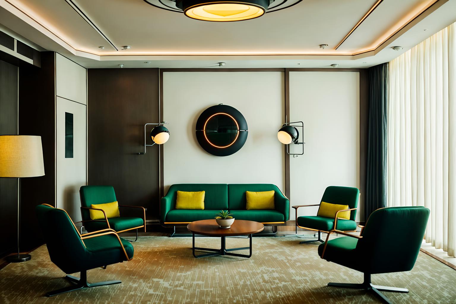 retro futuristic-style (hotel lobby interior) with lounge chairs and rug and hanging lamps and sofas and coffee tables and furniture and plant and check in desk. . with futurism minimalist interior and monochromatic palette and neutral background and bright accents and floating surfaces and steel finishing and vintage futurism and circular shapes and strong geometric walls. . cinematic photo, highly detailed, cinematic lighting, ultra-detailed, ultrarealistic, photorealism, 8k. retro futuristic interior design style. masterpiece, cinematic light, ultrarealistic+, photorealistic+, 8k, raw photo, realistic, sharp focus on eyes, (symmetrical eyes), (intact eyes), hyperrealistic, highest quality, best quality, , highly detailed, masterpiece, best quality, extremely detailed 8k wallpaper, masterpiece, best quality, ultra-detailed, best shadow, detailed background, detailed face, detailed eyes, high contrast, best illumination, detailed face, dulux, caustic, dynamic angle, detailed glow. dramatic lighting. highly detailed, insanely detailed hair, symmetrical, intricate details, professionally retouched, 8k high definition. strong bokeh. award winning photo.