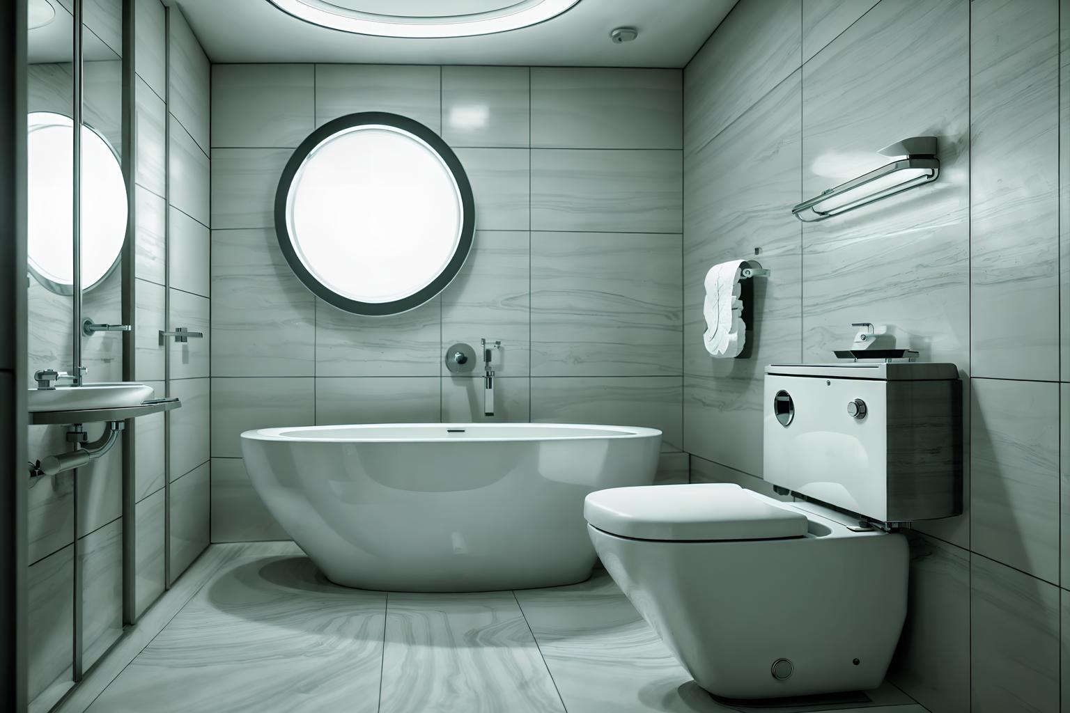 retro futuristic-style (toilet interior) with toilet paper hanger and sink with tap and toilet with toilet seat up and toilet paper hanger. . with glass panes and futurism minimalist interior and circular shapes and minimalist clean lines and floating surfaces and steel finishing and monochromatic palette and smooth polished marble. . cinematic photo, highly detailed, cinematic lighting, ultra-detailed, ultrarealistic, photorealism, 8k. retro futuristic interior design style. masterpiece, cinematic light, ultrarealistic+, photorealistic+, 8k, raw photo, realistic, sharp focus on eyes, (symmetrical eyes), (intact eyes), hyperrealistic, highest quality, best quality, , highly detailed, masterpiece, best quality, extremely detailed 8k wallpaper, masterpiece, best quality, ultra-detailed, best shadow, detailed background, detailed face, detailed eyes, high contrast, best illumination, detailed face, dulux, caustic, dynamic angle, detailed glow. dramatic lighting. highly detailed, insanely detailed hair, symmetrical, intricate details, professionally retouched, 8k high definition. strong bokeh. award winning photo.