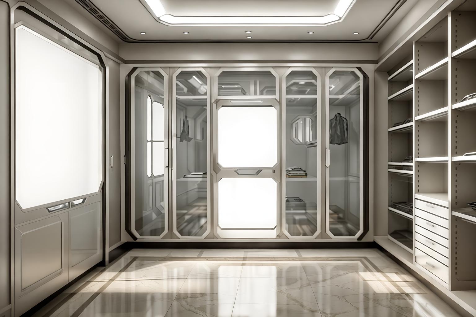 retro futuristic-style (walk in closet interior) . with vintage futurism and neutral background and bright accents and smooth polished marble and futuristic interior and light colors and glass panes and minimalist clean lines and strong geometric walls. . cinematic photo, highly detailed, cinematic lighting, ultra-detailed, ultrarealistic, photorealism, 8k. retro futuristic interior design style. masterpiece, cinematic light, ultrarealistic+, photorealistic+, 8k, raw photo, realistic, sharp focus on eyes, (symmetrical eyes), (intact eyes), hyperrealistic, highest quality, best quality, , highly detailed, masterpiece, best quality, extremely detailed 8k wallpaper, masterpiece, best quality, ultra-detailed, best shadow, detailed background, detailed face, detailed eyes, high contrast, best illumination, detailed face, dulux, caustic, dynamic angle, detailed glow. dramatic lighting. highly detailed, insanely detailed hair, symmetrical, intricate details, professionally retouched, 8k high definition. strong bokeh. award winning photo.