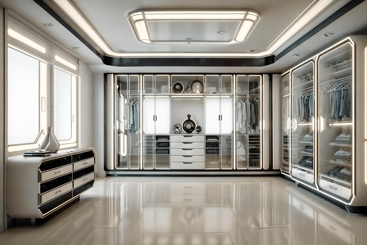 retro futuristic-style (walk in closet interior) . with vintage futurism and neutral background and bright accents and smooth polished marble and futuristic interior and light colors and glass panes and minimalist clean lines and strong geometric walls. . cinematic photo, highly detailed, cinematic lighting, ultra-detailed, ultrarealistic, photorealism, 8k. retro futuristic interior design style. masterpiece, cinematic light, ultrarealistic+, photorealistic+, 8k, raw photo, realistic, sharp focus on eyes, (symmetrical eyes), (intact eyes), hyperrealistic, highest quality, best quality, , highly detailed, masterpiece, best quality, extremely detailed 8k wallpaper, masterpiece, best quality, ultra-detailed, best shadow, detailed background, detailed face, detailed eyes, high contrast, best illumination, detailed face, dulux, caustic, dynamic angle, detailed glow. dramatic lighting. highly detailed, insanely detailed hair, symmetrical, intricate details, professionally retouched, 8k high definition. strong bokeh. award winning photo.