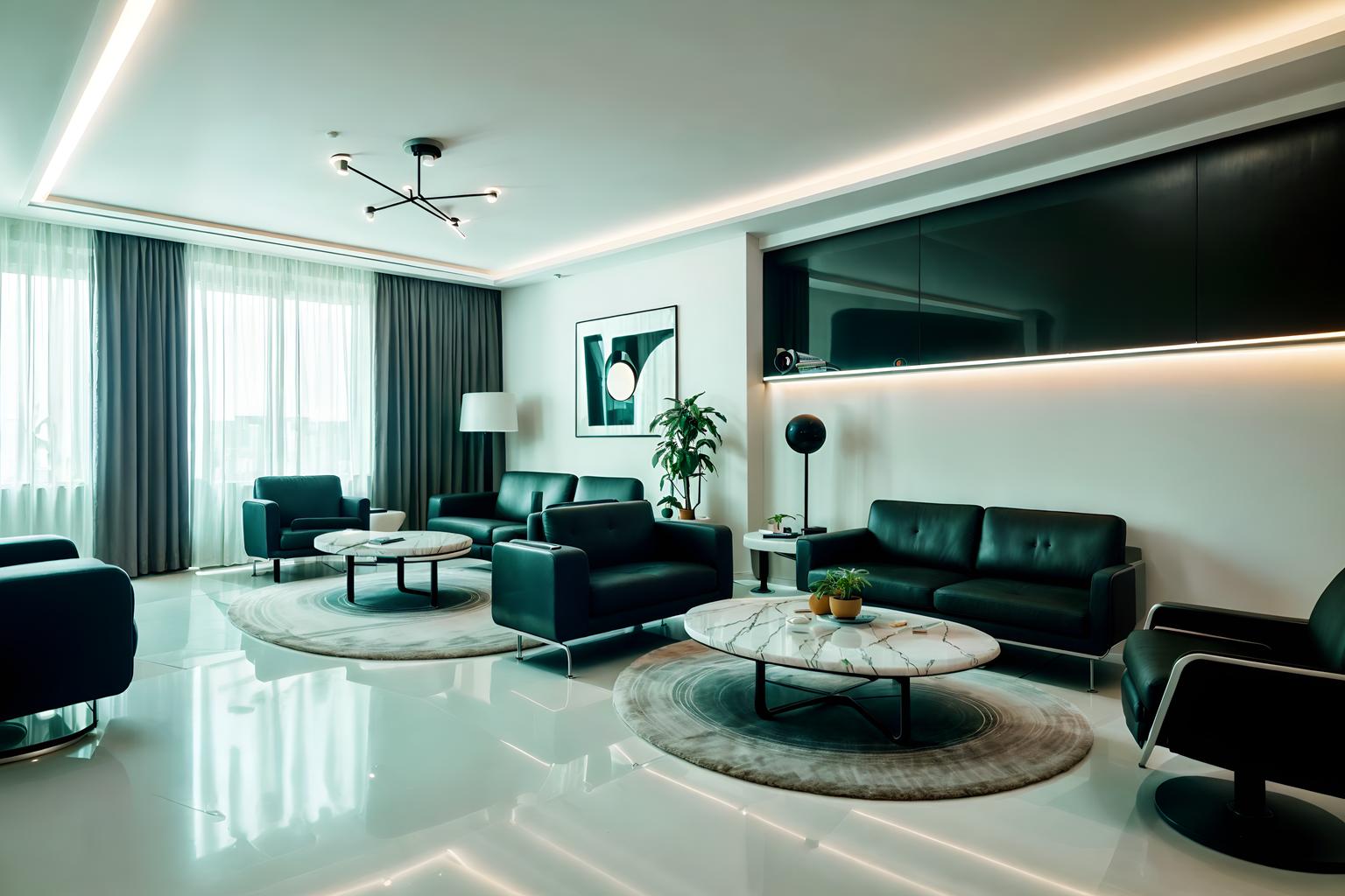 retro futuristic-style (living room interior) with electric lamps and chairs and furniture and bookshelves and plant and televisions and coffee tables and rug. . with monochromatic palette and circular shapes and floating surfaces and neutral background and bright accents and minimalist clean lines and smooth marble and futurism minimalist interior and futuristic interior. . cinematic photo, highly detailed, cinematic lighting, ultra-detailed, ultrarealistic, photorealism, 8k. retro futuristic interior design style. masterpiece, cinematic light, ultrarealistic+, photorealistic+, 8k, raw photo, realistic, sharp focus on eyes, (symmetrical eyes), (intact eyes), hyperrealistic, highest quality, best quality, , highly detailed, masterpiece, best quality, extremely detailed 8k wallpaper, masterpiece, best quality, ultra-detailed, best shadow, detailed background, detailed face, detailed eyes, high contrast, best illumination, detailed face, dulux, caustic, dynamic angle, detailed glow. dramatic lighting. highly detailed, insanely detailed hair, symmetrical, intricate details, professionally retouched, 8k high definition. strong bokeh. award winning photo.