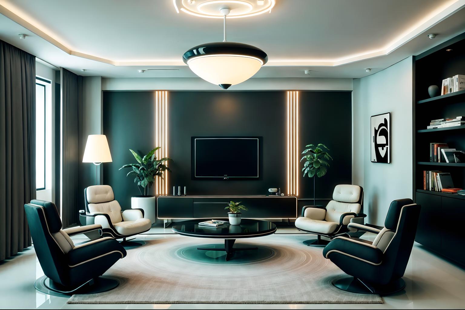 retro futuristic-style (living room interior) with electric lamps and chairs and furniture and bookshelves and plant and televisions and coffee tables and rug. . with monochromatic palette and circular shapes and floating surfaces and neutral background and bright accents and minimalist clean lines and smooth marble and futurism minimalist interior and futuristic interior. . cinematic photo, highly detailed, cinematic lighting, ultra-detailed, ultrarealistic, photorealism, 8k. retro futuristic interior design style. masterpiece, cinematic light, ultrarealistic+, photorealistic+, 8k, raw photo, realistic, sharp focus on eyes, (symmetrical eyes), (intact eyes), hyperrealistic, highest quality, best quality, , highly detailed, masterpiece, best quality, extremely detailed 8k wallpaper, masterpiece, best quality, ultra-detailed, best shadow, detailed background, detailed face, detailed eyes, high contrast, best illumination, detailed face, dulux, caustic, dynamic angle, detailed glow. dramatic lighting. highly detailed, insanely detailed hair, symmetrical, intricate details, professionally retouched, 8k high definition. strong bokeh. award winning photo.