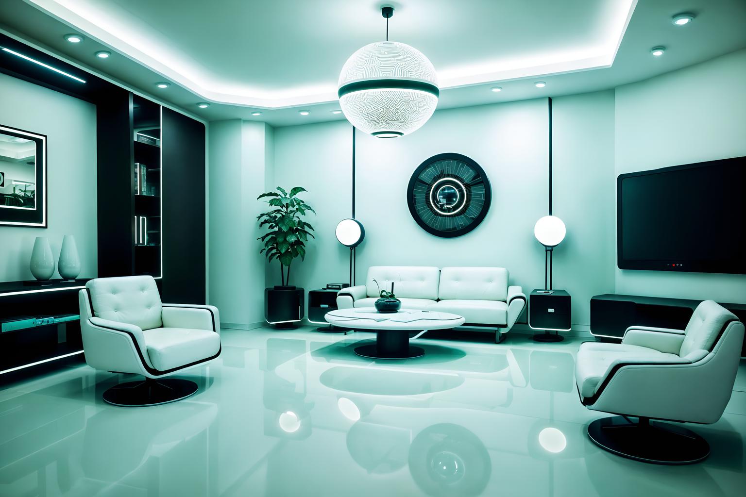 retro futuristic-style (living room interior) with electric lamps and chairs and furniture and bookshelves and plant and televisions and coffee tables and rug. . with monochromatic palette and circular shapes and floating surfaces and neutral background and bright accents and minimalist clean lines and smooth marble and futurism minimalist interior and futuristic interior. . cinematic photo, highly detailed, cinematic lighting, ultra-detailed, ultrarealistic, photorealism, 8k. retro futuristic interior design style. masterpiece, cinematic light, ultrarealistic+, photorealistic+, 8k, raw photo, realistic, sharp focus on eyes, (symmetrical eyes), (intact eyes), hyperrealistic, highest quality, best quality, , highly detailed, masterpiece, best quality, extremely detailed 8k wallpaper, masterpiece, best quality, ultra-detailed, best shadow, detailed background, detailed face, detailed eyes, high contrast, best illumination, detailed face, dulux, caustic, dynamic angle, detailed glow. dramatic lighting. highly detailed, insanely detailed hair, symmetrical, intricate details, professionally retouched, 8k high definition. strong bokeh. award winning photo.