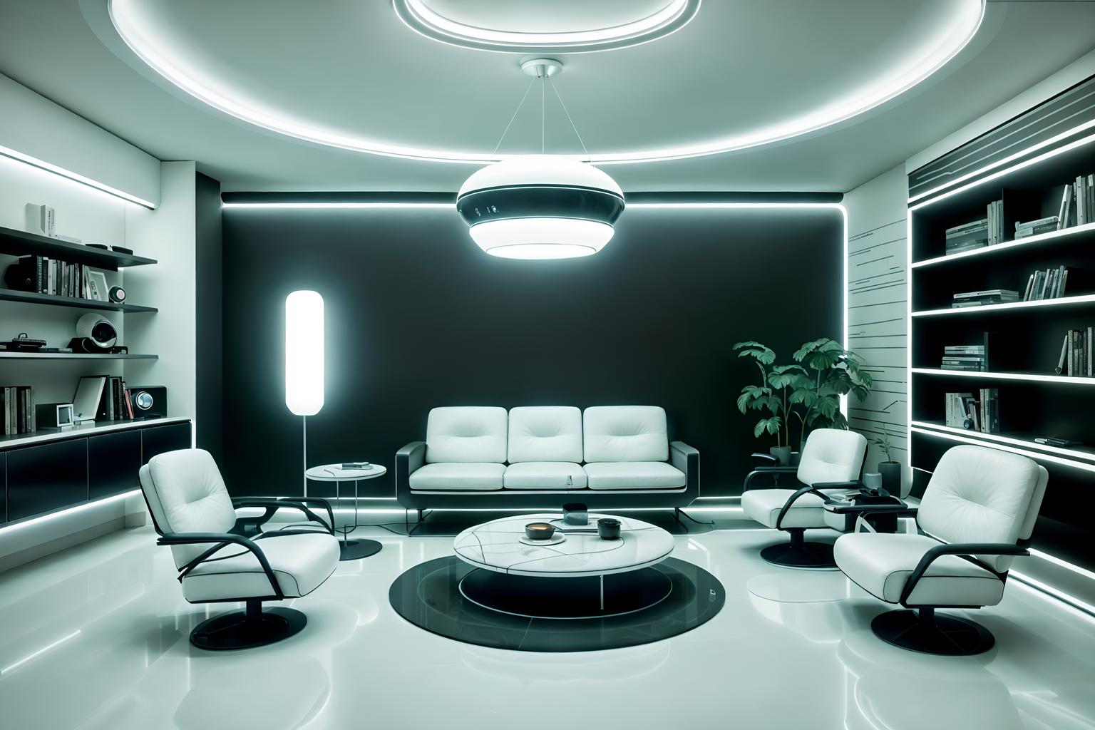 retro futuristic-style (living room interior) with electric lamps and chairs and furniture and bookshelves and plant and televisions and coffee tables and rug. . with monochromatic palette and circular shapes and floating surfaces and neutral background and bright accents and minimalist clean lines and smooth marble and futurism minimalist interior and futuristic interior. . cinematic photo, highly detailed, cinematic lighting, ultra-detailed, ultrarealistic, photorealism, 8k. retro futuristic interior design style. masterpiece, cinematic light, ultrarealistic+, photorealistic+, 8k, raw photo, realistic, sharp focus on eyes, (symmetrical eyes), (intact eyes), hyperrealistic, highest quality, best quality, , highly detailed, masterpiece, best quality, extremely detailed 8k wallpaper, masterpiece, best quality, ultra-detailed, best shadow, detailed background, detailed face, detailed eyes, high contrast, best illumination, detailed face, dulux, caustic, dynamic angle, detailed glow. dramatic lighting. highly detailed, insanely detailed hair, symmetrical, intricate details, professionally retouched, 8k high definition. strong bokeh. award winning photo.