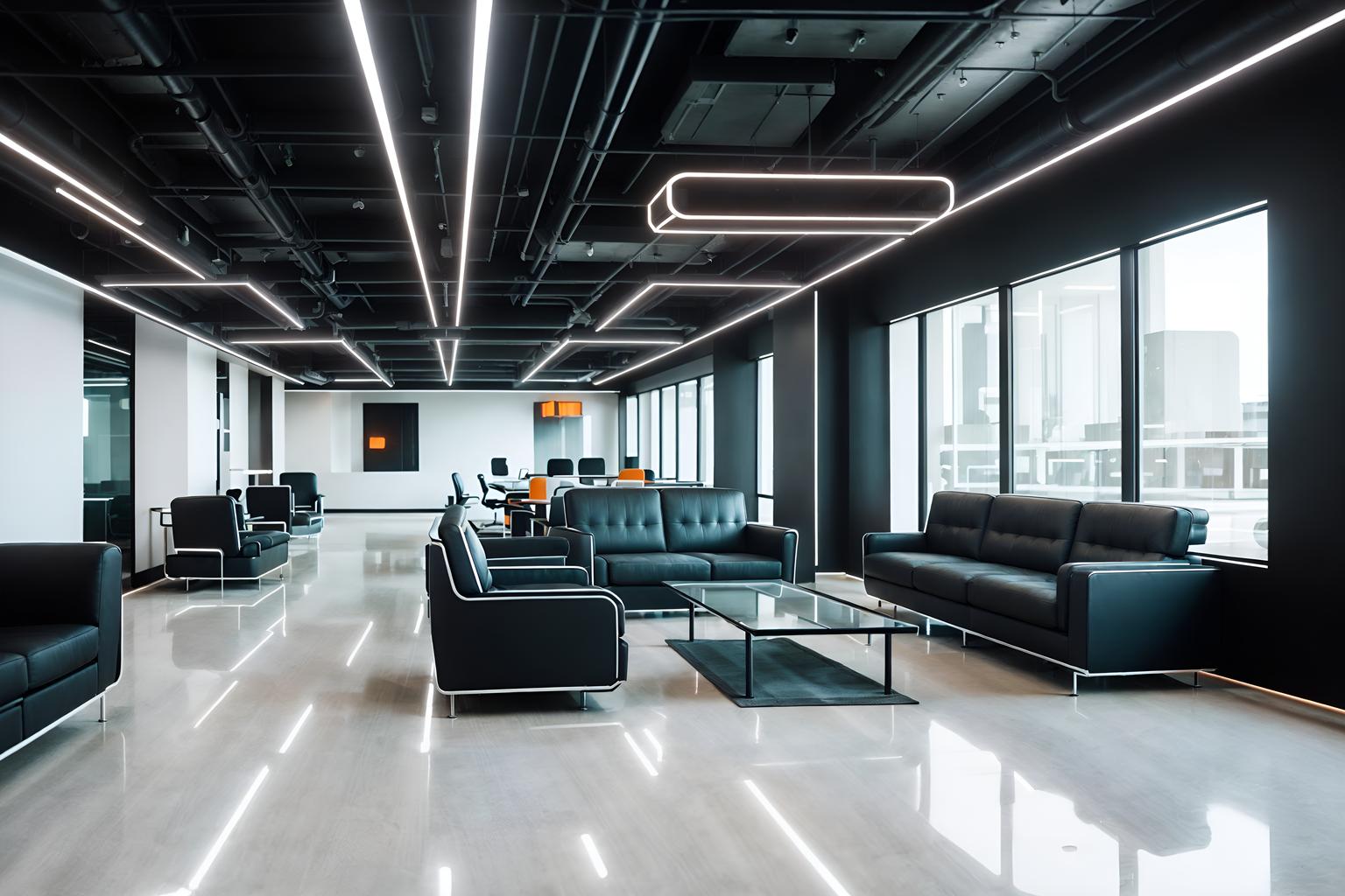 retro futuristic-style (coworking space interior) with office desks and seating area with sofa and lounge chairs and office chairs and office desks. . with smooth polished marble and monochromatic palette and futuristic interior and futurism minimalist interior and minimalist clean lines and glass panes and light colors and strong geometric walls. . cinematic photo, highly detailed, cinematic lighting, ultra-detailed, ultrarealistic, photorealism, 8k. retro futuristic interior design style. masterpiece, cinematic light, ultrarealistic+, photorealistic+, 8k, raw photo, realistic, sharp focus on eyes, (symmetrical eyes), (intact eyes), hyperrealistic, highest quality, best quality, , highly detailed, masterpiece, best quality, extremely detailed 8k wallpaper, masterpiece, best quality, ultra-detailed, best shadow, detailed background, detailed face, detailed eyes, high contrast, best illumination, detailed face, dulux, caustic, dynamic angle, detailed glow. dramatic lighting. highly detailed, insanely detailed hair, symmetrical, intricate details, professionally retouched, 8k high definition. strong bokeh. award winning photo.