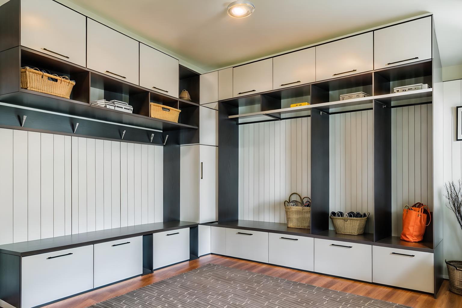 retro futuristic-style (mudroom interior) with a bench and wall hooks for coats and storage baskets and high up storage and storage drawers and cubbies and shelves for shoes and cabinets. . with glass panes and monochromatic palette and futurism minimalist interior and minimalist clean lines and steel finishing and circular shapes and neutral background and bright accents and light colors. . cinematic photo, highly detailed, cinematic lighting, ultra-detailed, ultrarealistic, photorealism, 8k. retro futuristic interior design style. masterpiece, cinematic light, ultrarealistic+, photorealistic+, 8k, raw photo, realistic, sharp focus on eyes, (symmetrical eyes), (intact eyes), hyperrealistic, highest quality, best quality, , highly detailed, masterpiece, best quality, extremely detailed 8k wallpaper, masterpiece, best quality, ultra-detailed, best shadow, detailed background, detailed face, detailed eyes, high contrast, best illumination, detailed face, dulux, caustic, dynamic angle, detailed glow. dramatic lighting. highly detailed, insanely detailed hair, symmetrical, intricate details, professionally retouched, 8k high definition. strong bokeh. award winning photo.