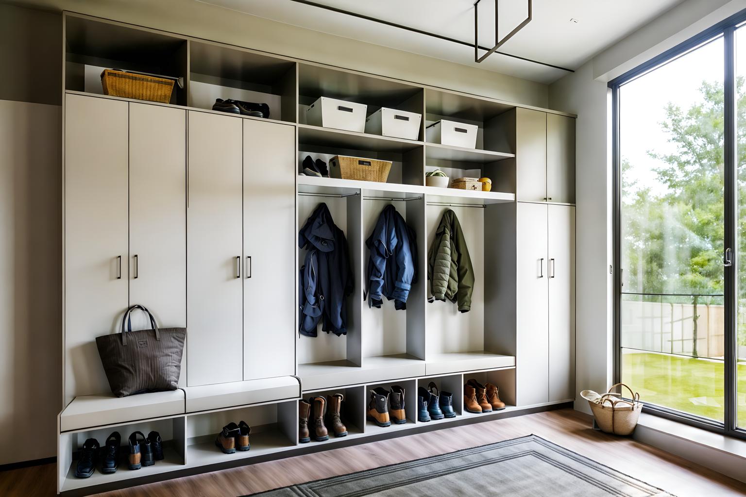 retro futuristic-style (mudroom interior) with a bench and wall hooks for coats and storage baskets and high up storage and storage drawers and cubbies and shelves for shoes and cabinets. . with glass panes and monochromatic palette and futurism minimalist interior and minimalist clean lines and steel finishing and circular shapes and neutral background and bright accents and light colors. . cinematic photo, highly detailed, cinematic lighting, ultra-detailed, ultrarealistic, photorealism, 8k. retro futuristic interior design style. masterpiece, cinematic light, ultrarealistic+, photorealistic+, 8k, raw photo, realistic, sharp focus on eyes, (symmetrical eyes), (intact eyes), hyperrealistic, highest quality, best quality, , highly detailed, masterpiece, best quality, extremely detailed 8k wallpaper, masterpiece, best quality, ultra-detailed, best shadow, detailed background, detailed face, detailed eyes, high contrast, best illumination, detailed face, dulux, caustic, dynamic angle, detailed glow. dramatic lighting. highly detailed, insanely detailed hair, symmetrical, intricate details, professionally retouched, 8k high definition. strong bokeh. award winning photo.