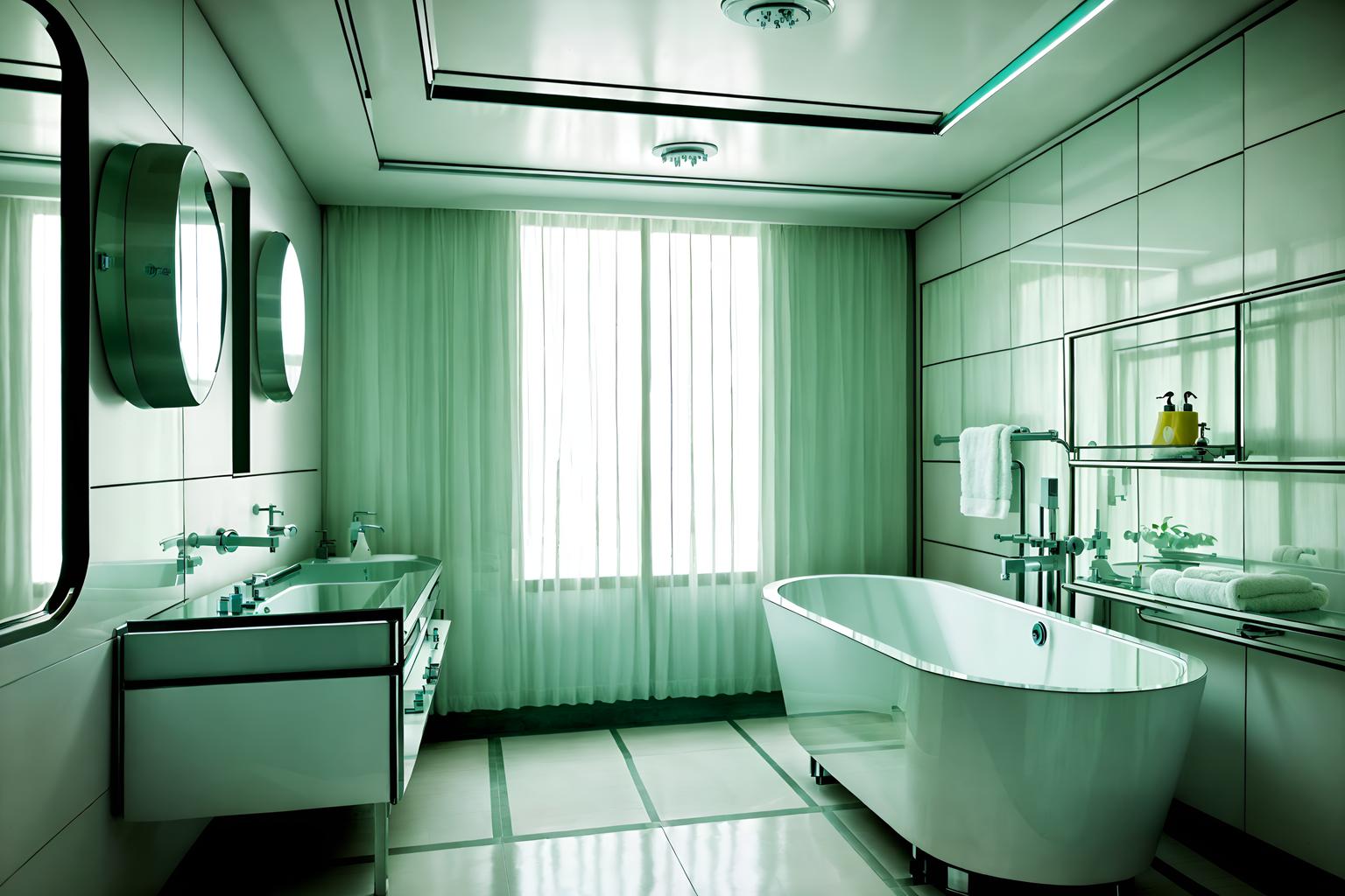 retro futuristic-style (hotel bathroom interior) with mirror and plant and bath towel and shower and bathtub and bathroom cabinet and toilet seat and bathroom sink with faucet. . with neutral background and bright accents and steel finishing and light colors and futuristic interior and floating surfaces and glass panes and circular shapes and minimalist clean lines. . cinematic photo, highly detailed, cinematic lighting, ultra-detailed, ultrarealistic, photorealism, 8k. retro futuristic interior design style. masterpiece, cinematic light, ultrarealistic+, photorealistic+, 8k, raw photo, realistic, sharp focus on eyes, (symmetrical eyes), (intact eyes), hyperrealistic, highest quality, best quality, , highly detailed, masterpiece, best quality, extremely detailed 8k wallpaper, masterpiece, best quality, ultra-detailed, best shadow, detailed background, detailed face, detailed eyes, high contrast, best illumination, detailed face, dulux, caustic, dynamic angle, detailed glow. dramatic lighting. highly detailed, insanely detailed hair, symmetrical, intricate details, professionally retouched, 8k high definition. strong bokeh. award winning photo.