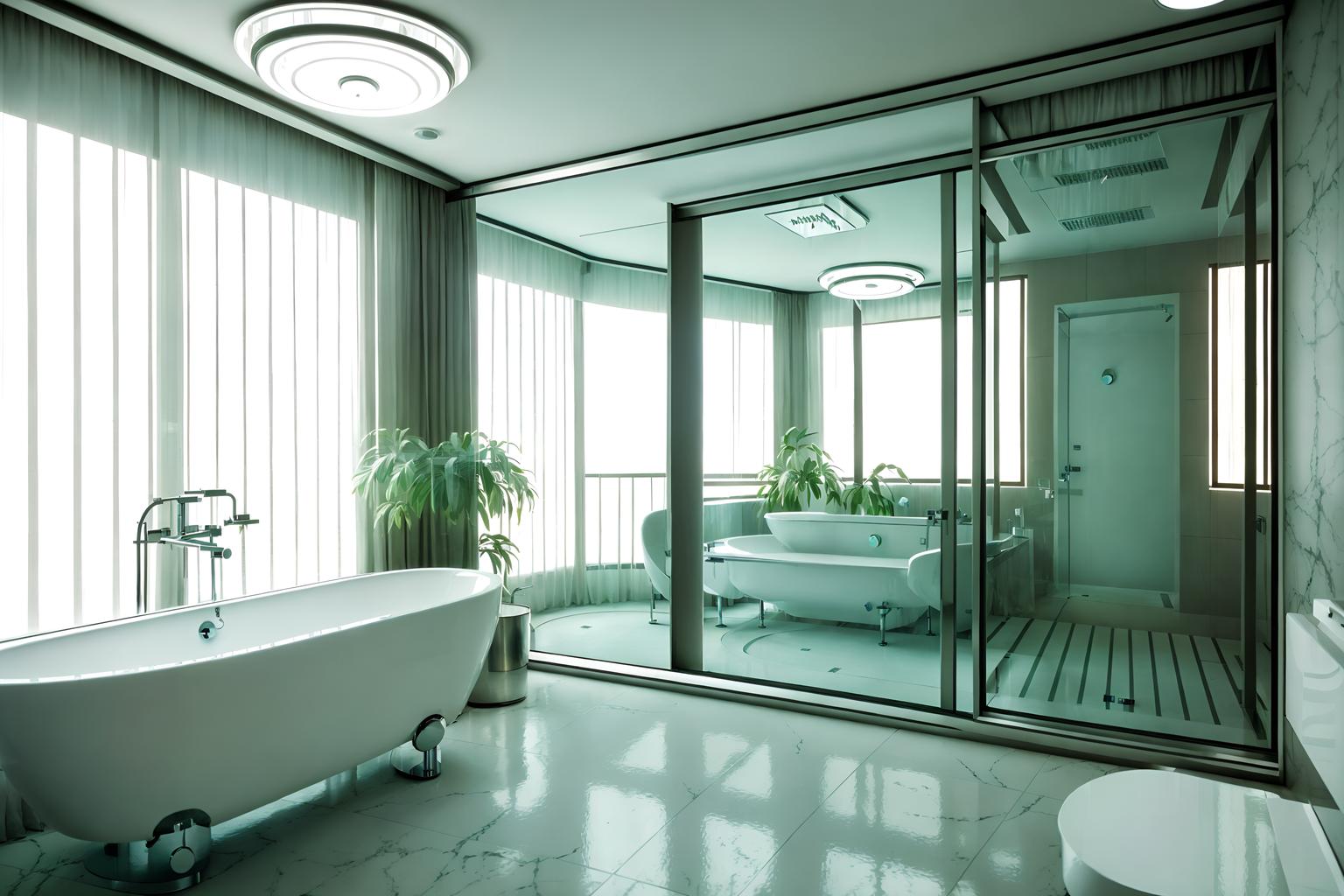 retro futuristic-style (hotel bathroom interior) with mirror and plant and bath towel and shower and bathtub and bathroom cabinet and toilet seat and bathroom sink with faucet. . with neutral background and bright accents and steel finishing and light colors and futuristic interior and floating surfaces and glass panes and circular shapes and minimalist clean lines. . cinematic photo, highly detailed, cinematic lighting, ultra-detailed, ultrarealistic, photorealism, 8k. retro futuristic interior design style. masterpiece, cinematic light, ultrarealistic+, photorealistic+, 8k, raw photo, realistic, sharp focus on eyes, (symmetrical eyes), (intact eyes), hyperrealistic, highest quality, best quality, , highly detailed, masterpiece, best quality, extremely detailed 8k wallpaper, masterpiece, best quality, ultra-detailed, best shadow, detailed background, detailed face, detailed eyes, high contrast, best illumination, detailed face, dulux, caustic, dynamic angle, detailed glow. dramatic lighting. highly detailed, insanely detailed hair, symmetrical, intricate details, professionally retouched, 8k high definition. strong bokeh. award winning photo.