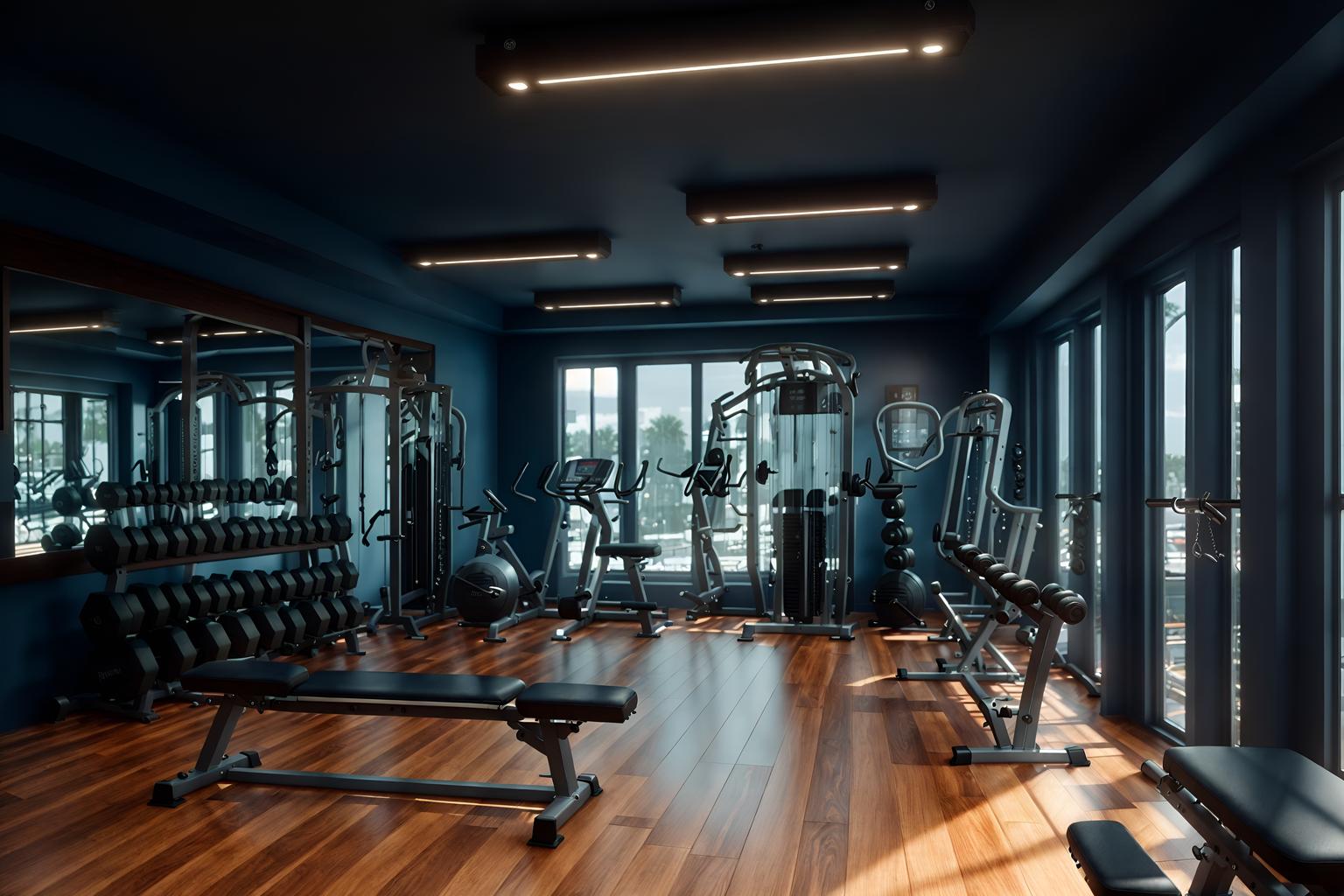 nautical-style (fitness gym interior) with dumbbell stand and exercise bicycle and crosstrainer and squat rack and bench press and dumbbell stand. . . cinematic photo, highly detailed, cinematic lighting, ultra-detailed, ultrarealistic, photorealism, 8k. nautical interior design style. masterpiece, cinematic light, ultrarealistic+, photorealistic+, 8k, raw photo, realistic, sharp focus on eyes, (symmetrical eyes), (intact eyes), hyperrealistic, highest quality, best quality, , highly detailed, masterpiece, best quality, extremely detailed 8k wallpaper, masterpiece, best quality, ultra-detailed, best shadow, detailed background, detailed face, detailed eyes, high contrast, best illumination, detailed face, dulux, caustic, dynamic angle, detailed glow. dramatic lighting. highly detailed, insanely detailed hair, symmetrical, intricate details, professionally retouched, 8k high definition. strong bokeh. award winning photo.
