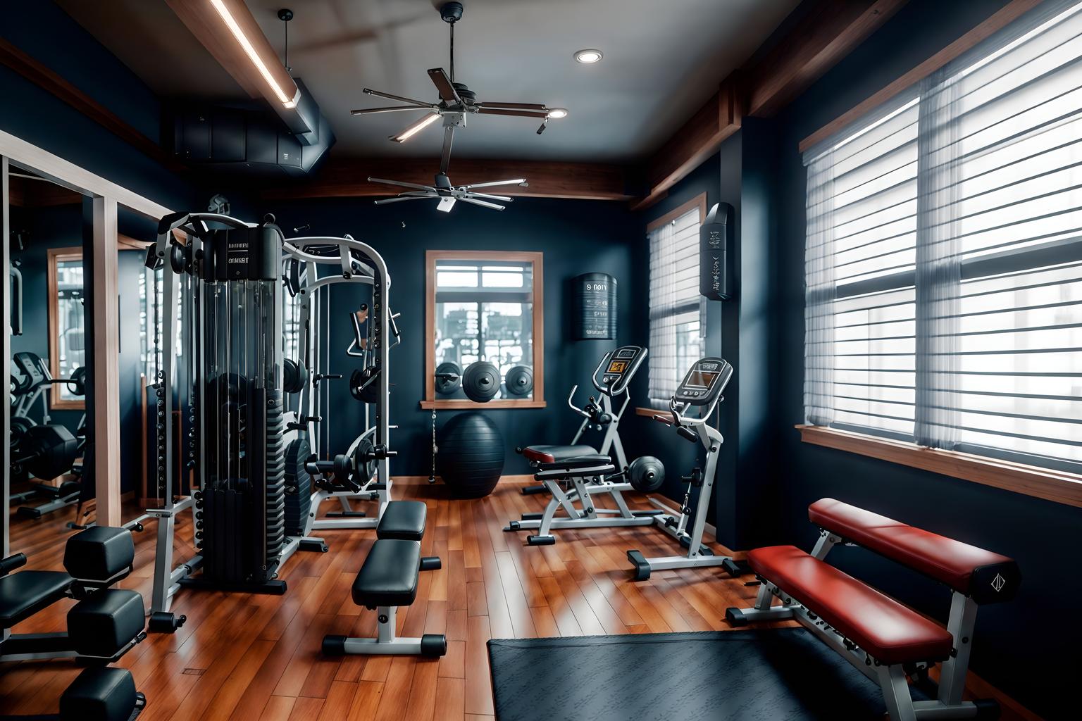 nautical-style (fitness gym interior) with dumbbell stand and exercise bicycle and crosstrainer and squat rack and bench press and dumbbell stand. . . cinematic photo, highly detailed, cinematic lighting, ultra-detailed, ultrarealistic, photorealism, 8k. nautical interior design style. masterpiece, cinematic light, ultrarealistic+, photorealistic+, 8k, raw photo, realistic, sharp focus on eyes, (symmetrical eyes), (intact eyes), hyperrealistic, highest quality, best quality, , highly detailed, masterpiece, best quality, extremely detailed 8k wallpaper, masterpiece, best quality, ultra-detailed, best shadow, detailed background, detailed face, detailed eyes, high contrast, best illumination, detailed face, dulux, caustic, dynamic angle, detailed glow. dramatic lighting. highly detailed, insanely detailed hair, symmetrical, intricate details, professionally retouched, 8k high definition. strong bokeh. award winning photo.