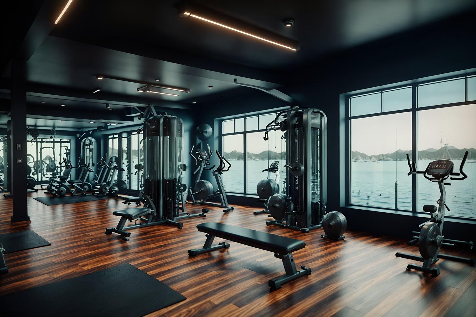 nautical-style (fitness gym interior) with dumbbell stand and exercise bicycle and crosstrainer and squat rack and bench press and dumbbell stand. . . cinematic photo, highly detailed, cinematic lighting, ultra-detailed, ultrarealistic, photorealism, 8k. nautical interior design style. masterpiece, cinematic light, ultrarealistic+, photorealistic+, 8k, raw photo, realistic, sharp focus on eyes, (symmetrical eyes), (intact eyes), hyperrealistic, highest quality, best quality, , highly detailed, masterpiece, best quality, extremely detailed 8k wallpaper, masterpiece, best quality, ultra-detailed, best shadow, detailed background, detailed face, detailed eyes, high contrast, best illumination, detailed face, dulux, caustic, dynamic angle, detailed glow. dramatic lighting. highly detailed, insanely detailed hair, symmetrical, intricate details, professionally retouched, 8k high definition. strong bokeh. award winning photo.