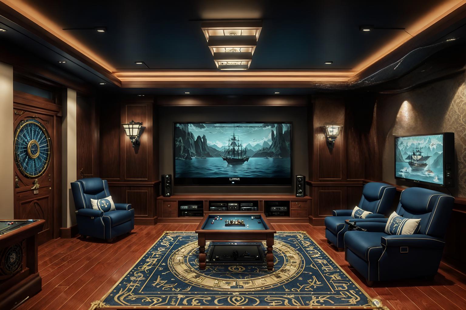 nautical-style (gaming room interior) . . cinematic photo, highly detailed, cinematic lighting, ultra-detailed, ultrarealistic, photorealism, 8k. nautical interior design style. masterpiece, cinematic light, ultrarealistic+, photorealistic+, 8k, raw photo, realistic, sharp focus on eyes, (symmetrical eyes), (intact eyes), hyperrealistic, highest quality, best quality, , highly detailed, masterpiece, best quality, extremely detailed 8k wallpaper, masterpiece, best quality, ultra-detailed, best shadow, detailed background, detailed face, detailed eyes, high contrast, best illumination, detailed face, dulux, caustic, dynamic angle, detailed glow. dramatic lighting. highly detailed, insanely detailed hair, symmetrical, intricate details, professionally retouched, 8k high definition. strong bokeh. award winning photo.