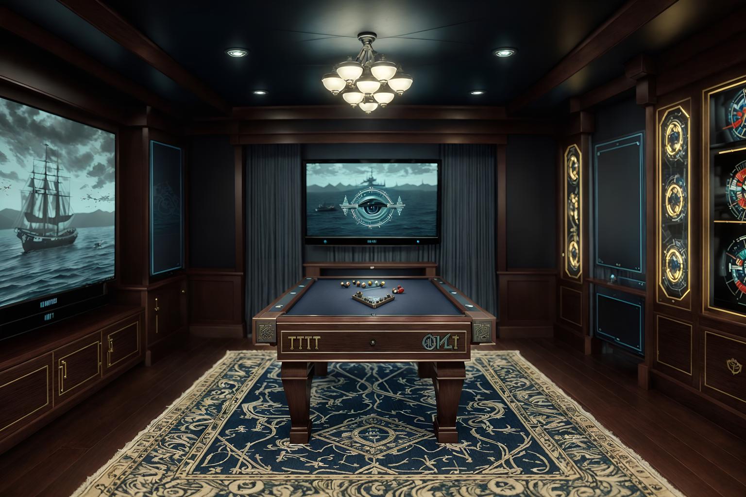 nautical-style (gaming room interior) . . cinematic photo, highly detailed, cinematic lighting, ultra-detailed, ultrarealistic, photorealism, 8k. nautical interior design style. masterpiece, cinematic light, ultrarealistic+, photorealistic+, 8k, raw photo, realistic, sharp focus on eyes, (symmetrical eyes), (intact eyes), hyperrealistic, highest quality, best quality, , highly detailed, masterpiece, best quality, extremely detailed 8k wallpaper, masterpiece, best quality, ultra-detailed, best shadow, detailed background, detailed face, detailed eyes, high contrast, best illumination, detailed face, dulux, caustic, dynamic angle, detailed glow. dramatic lighting. highly detailed, insanely detailed hair, symmetrical, intricate details, professionally retouched, 8k high definition. strong bokeh. award winning photo.