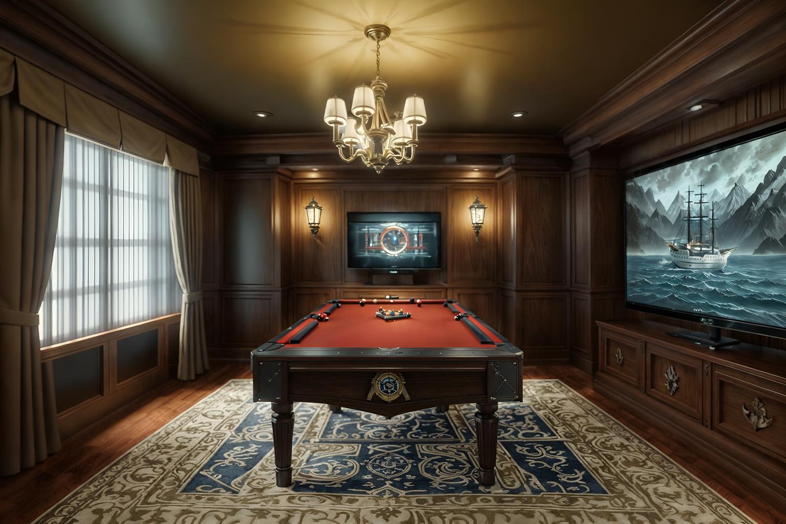 nautical-style (gaming room interior) . . cinematic photo, highly detailed, cinematic lighting, ultra-detailed, ultrarealistic, photorealism, 8k. nautical interior design style. masterpiece, cinematic light, ultrarealistic+, photorealistic+, 8k, raw photo, realistic, sharp focus on eyes, (symmetrical eyes), (intact eyes), hyperrealistic, highest quality, best quality, , highly detailed, masterpiece, best quality, extremely detailed 8k wallpaper, masterpiece, best quality, ultra-detailed, best shadow, detailed background, detailed face, detailed eyes, high contrast, best illumination, detailed face, dulux, caustic, dynamic angle, detailed glow. dramatic lighting. highly detailed, insanely detailed hair, symmetrical, intricate details, professionally retouched, 8k high definition. strong bokeh. award winning photo.