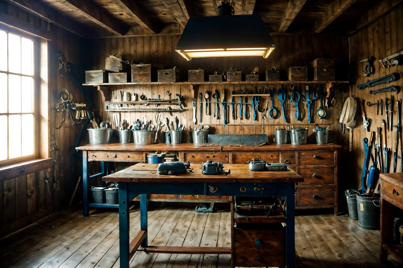 nautical-style (workshop interior) with wooden workbench and messy and tool wall and wooden workbench. . . cinematic photo, highly detailed, cinematic lighting, ultra-detailed, ultrarealistic, photorealism, 8k. nautical interior design style. masterpiece, cinematic light, ultrarealistic+, photorealistic+, 8k, raw photo, realistic, sharp focus on eyes, (symmetrical eyes), (intact eyes), hyperrealistic, highest quality, best quality, , highly detailed, masterpiece, best quality, extremely detailed 8k wallpaper, masterpiece, best quality, ultra-detailed, best shadow, detailed background, detailed face, detailed eyes, high contrast, best illumination, detailed face, dulux, caustic, dynamic angle, detailed glow. dramatic lighting. highly detailed, insanely detailed hair, symmetrical, intricate details, professionally retouched, 8k high definition. strong bokeh. award winning photo.