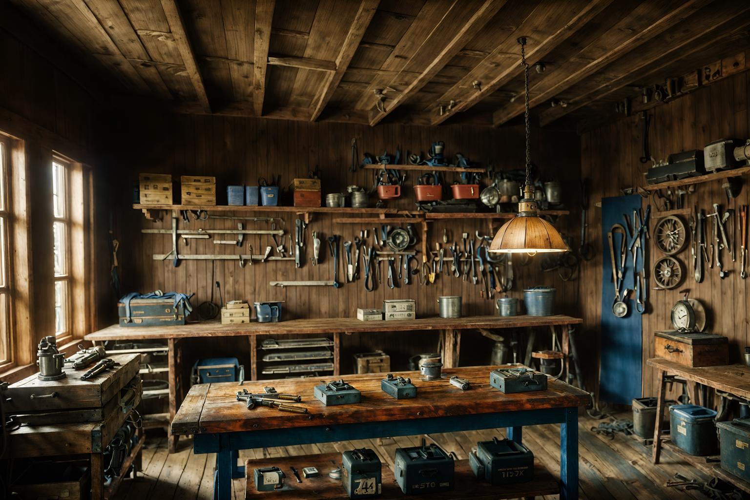 nautical-style (workshop interior) with wooden workbench and messy and tool wall and wooden workbench. . . cinematic photo, highly detailed, cinematic lighting, ultra-detailed, ultrarealistic, photorealism, 8k. nautical interior design style. masterpiece, cinematic light, ultrarealistic+, photorealistic+, 8k, raw photo, realistic, sharp focus on eyes, (symmetrical eyes), (intact eyes), hyperrealistic, highest quality, best quality, , highly detailed, masterpiece, best quality, extremely detailed 8k wallpaper, masterpiece, best quality, ultra-detailed, best shadow, detailed background, detailed face, detailed eyes, high contrast, best illumination, detailed face, dulux, caustic, dynamic angle, detailed glow. dramatic lighting. highly detailed, insanely detailed hair, symmetrical, intricate details, professionally retouched, 8k high definition. strong bokeh. award winning photo.