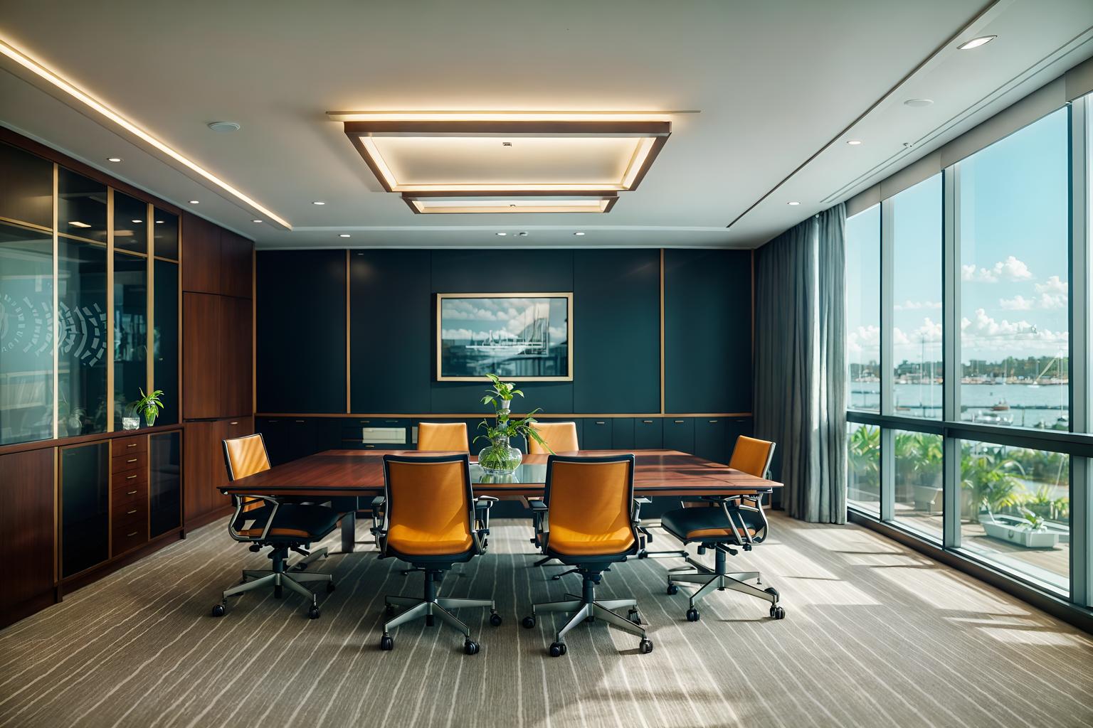 nautical-style (meeting room interior) with office chairs and plant and cabinets and vase and boardroom table and glass walls and glass doors and painting or photo on wall. . . cinematic photo, highly detailed, cinematic lighting, ultra-detailed, ultrarealistic, photorealism, 8k. nautical interior design style. masterpiece, cinematic light, ultrarealistic+, photorealistic+, 8k, raw photo, realistic, sharp focus on eyes, (symmetrical eyes), (intact eyes), hyperrealistic, highest quality, best quality, , highly detailed, masterpiece, best quality, extremely detailed 8k wallpaper, masterpiece, best quality, ultra-detailed, best shadow, detailed background, detailed face, detailed eyes, high contrast, best illumination, detailed face, dulux, caustic, dynamic angle, detailed glow. dramatic lighting. highly detailed, insanely detailed hair, symmetrical, intricate details, professionally retouched, 8k high definition. strong bokeh. award winning photo.