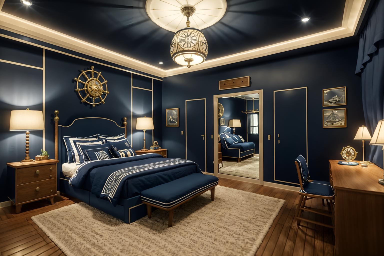 nautical-style (kids room interior) with night light and mirror and storage bench or ottoman and bed and kids desk and plant and headboard and bedside table or night stand. . . cinematic photo, highly detailed, cinematic lighting, ultra-detailed, ultrarealistic, photorealism, 8k. nautical interior design style. masterpiece, cinematic light, ultrarealistic+, photorealistic+, 8k, raw photo, realistic, sharp focus on eyes, (symmetrical eyes), (intact eyes), hyperrealistic, highest quality, best quality, , highly detailed, masterpiece, best quality, extremely detailed 8k wallpaper, masterpiece, best quality, ultra-detailed, best shadow, detailed background, detailed face, detailed eyes, high contrast, best illumination, detailed face, dulux, caustic, dynamic angle, detailed glow. dramatic lighting. highly detailed, insanely detailed hair, symmetrical, intricate details, professionally retouched, 8k high definition. strong bokeh. award winning photo.