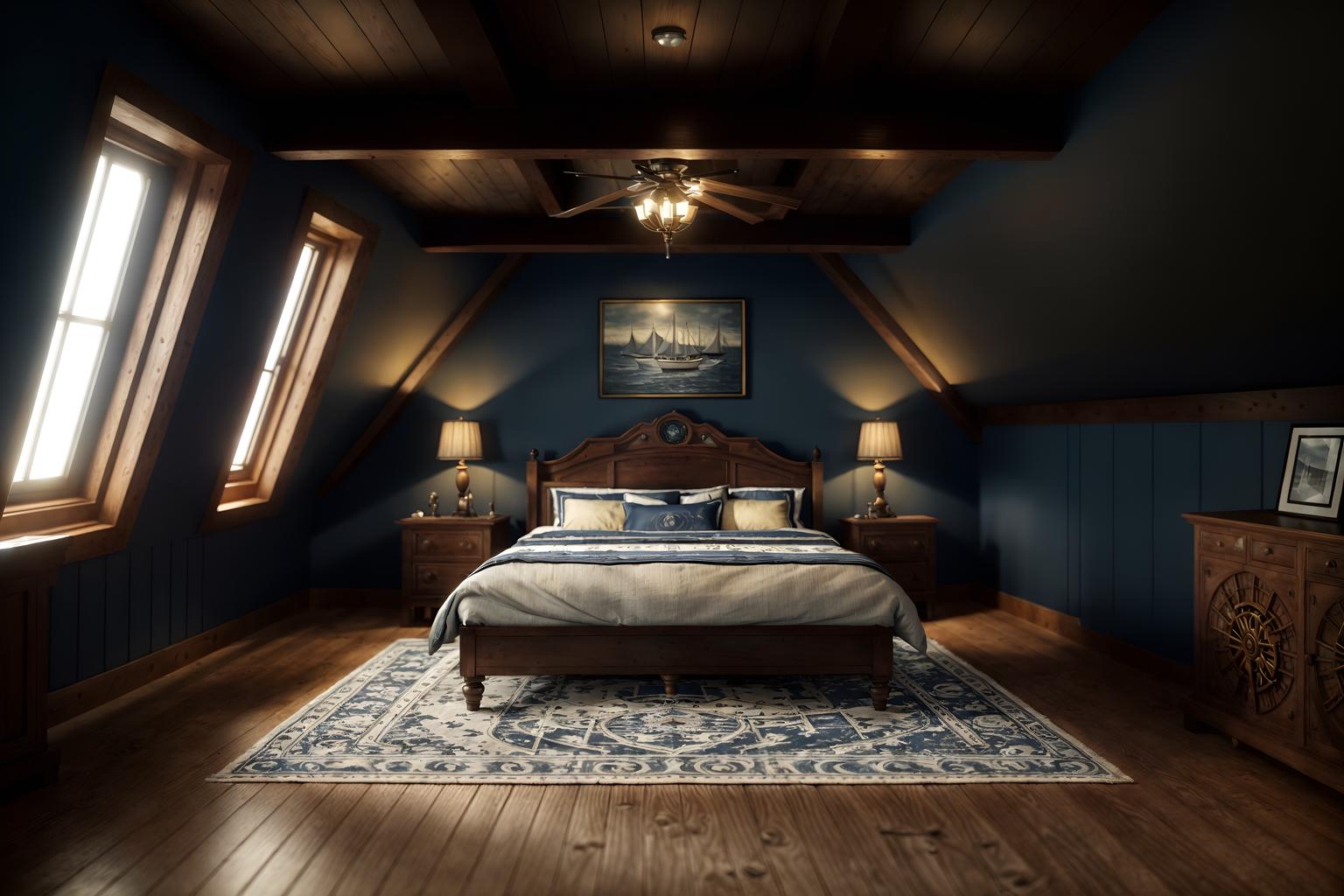 nautical-style (attic interior) . . cinematic photo, highly detailed, cinematic lighting, ultra-detailed, ultrarealistic, photorealism, 8k. nautical interior design style. masterpiece, cinematic light, ultrarealistic+, photorealistic+, 8k, raw photo, realistic, sharp focus on eyes, (symmetrical eyes), (intact eyes), hyperrealistic, highest quality, best quality, , highly detailed, masterpiece, best quality, extremely detailed 8k wallpaper, masterpiece, best quality, ultra-detailed, best shadow, detailed background, detailed face, detailed eyes, high contrast, best illumination, detailed face, dulux, caustic, dynamic angle, detailed glow. dramatic lighting. highly detailed, insanely detailed hair, symmetrical, intricate details, professionally retouched, 8k high definition. strong bokeh. award winning photo.