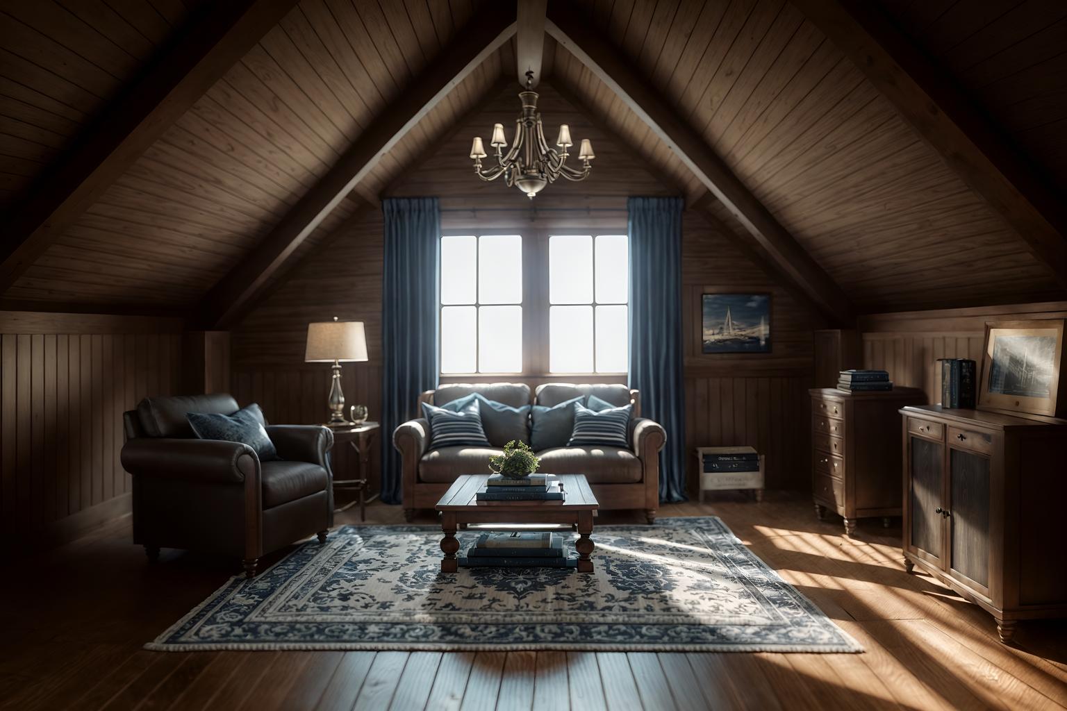 nautical-style (attic interior) . . cinematic photo, highly detailed, cinematic lighting, ultra-detailed, ultrarealistic, photorealism, 8k. nautical interior design style. masterpiece, cinematic light, ultrarealistic+, photorealistic+, 8k, raw photo, realistic, sharp focus on eyes, (symmetrical eyes), (intact eyes), hyperrealistic, highest quality, best quality, , highly detailed, masterpiece, best quality, extremely detailed 8k wallpaper, masterpiece, best quality, ultra-detailed, best shadow, detailed background, detailed face, detailed eyes, high contrast, best illumination, detailed face, dulux, caustic, dynamic angle, detailed glow. dramatic lighting. highly detailed, insanely detailed hair, symmetrical, intricate details, professionally retouched, 8k high definition. strong bokeh. award winning photo.