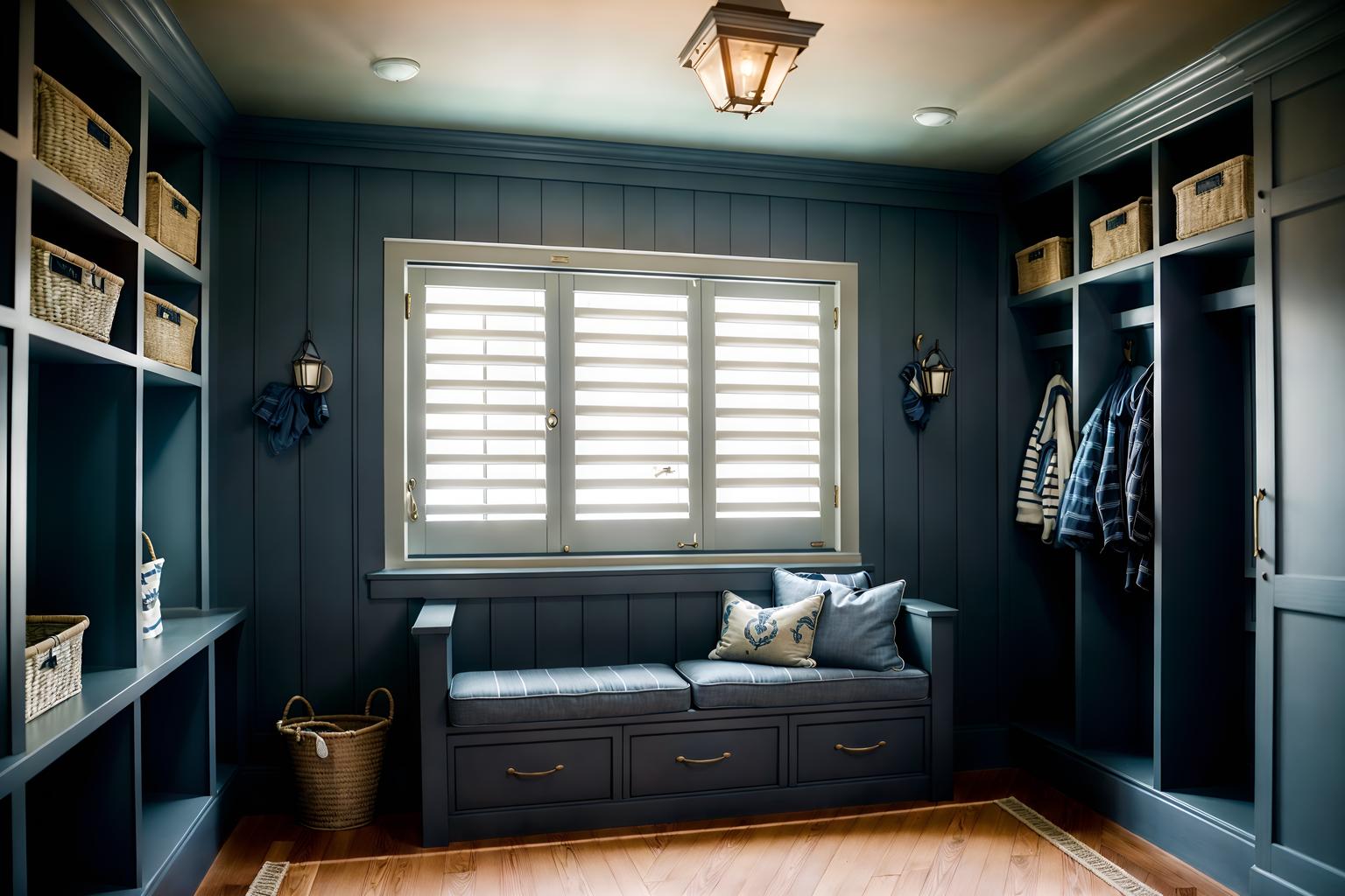 nautical-style (mudroom interior) with a bench and cubbies and storage drawers and wall hooks for coats and cabinets and shelves for shoes and storage baskets and high up storage. . . cinematic photo, highly detailed, cinematic lighting, ultra-detailed, ultrarealistic, photorealism, 8k. nautical interior design style. masterpiece, cinematic light, ultrarealistic+, photorealistic+, 8k, raw photo, realistic, sharp focus on eyes, (symmetrical eyes), (intact eyes), hyperrealistic, highest quality, best quality, , highly detailed, masterpiece, best quality, extremely detailed 8k wallpaper, masterpiece, best quality, ultra-detailed, best shadow, detailed background, detailed face, detailed eyes, high contrast, best illumination, detailed face, dulux, caustic, dynamic angle, detailed glow. dramatic lighting. highly detailed, insanely detailed hair, symmetrical, intricate details, professionally retouched, 8k high definition. strong bokeh. award winning photo.