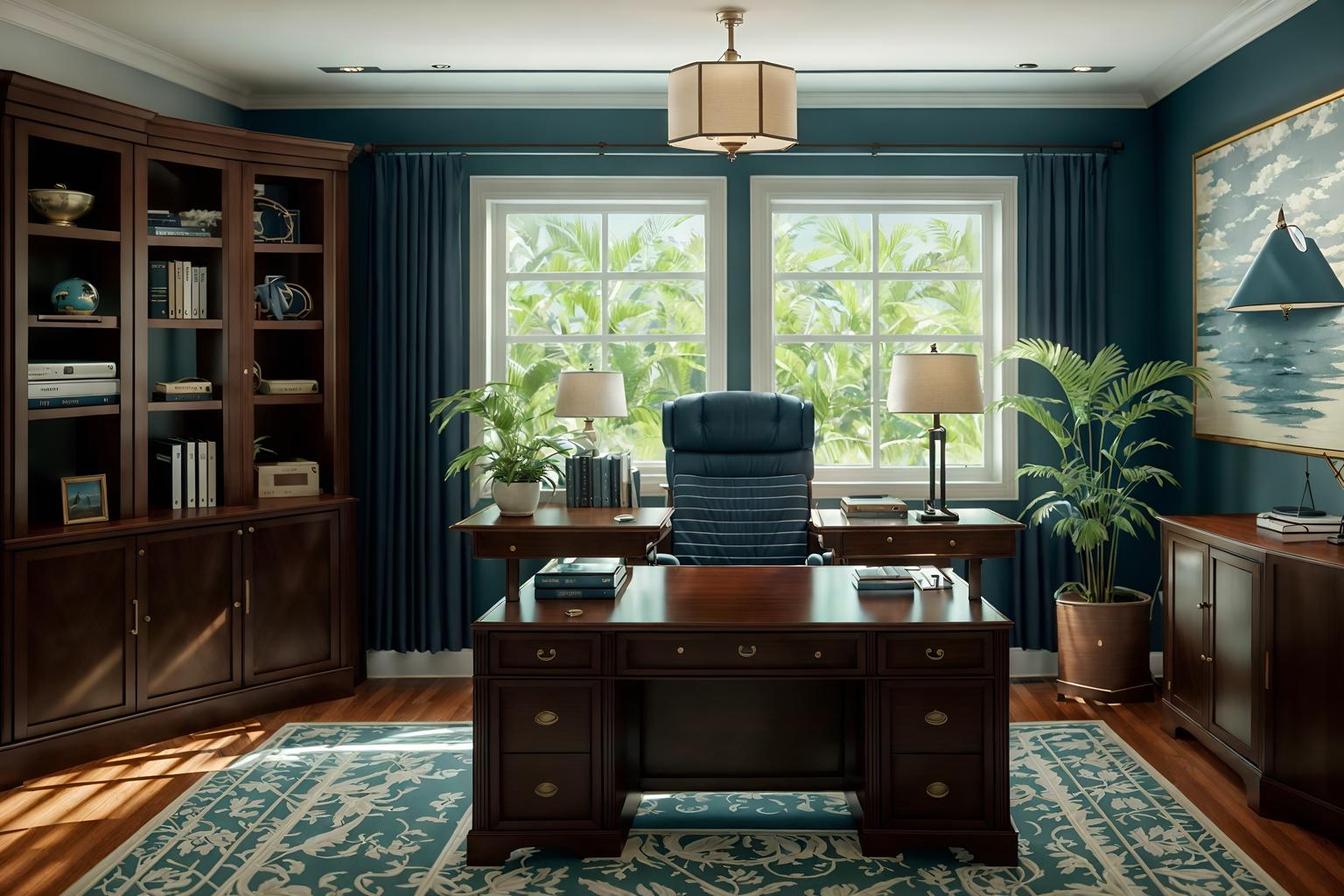 nautical-style (home office interior) with cabinets and plant and desk lamp and office chair and computer desk and cabinets. . . cinematic photo, highly detailed, cinematic lighting, ultra-detailed, ultrarealistic, photorealism, 8k. nautical interior design style. masterpiece, cinematic light, ultrarealistic+, photorealistic+, 8k, raw photo, realistic, sharp focus on eyes, (symmetrical eyes), (intact eyes), hyperrealistic, highest quality, best quality, , highly detailed, masterpiece, best quality, extremely detailed 8k wallpaper, masterpiece, best quality, ultra-detailed, best shadow, detailed background, detailed face, detailed eyes, high contrast, best illumination, detailed face, dulux, caustic, dynamic angle, detailed glow. dramatic lighting. highly detailed, insanely detailed hair, symmetrical, intricate details, professionally retouched, 8k high definition. strong bokeh. award winning photo.