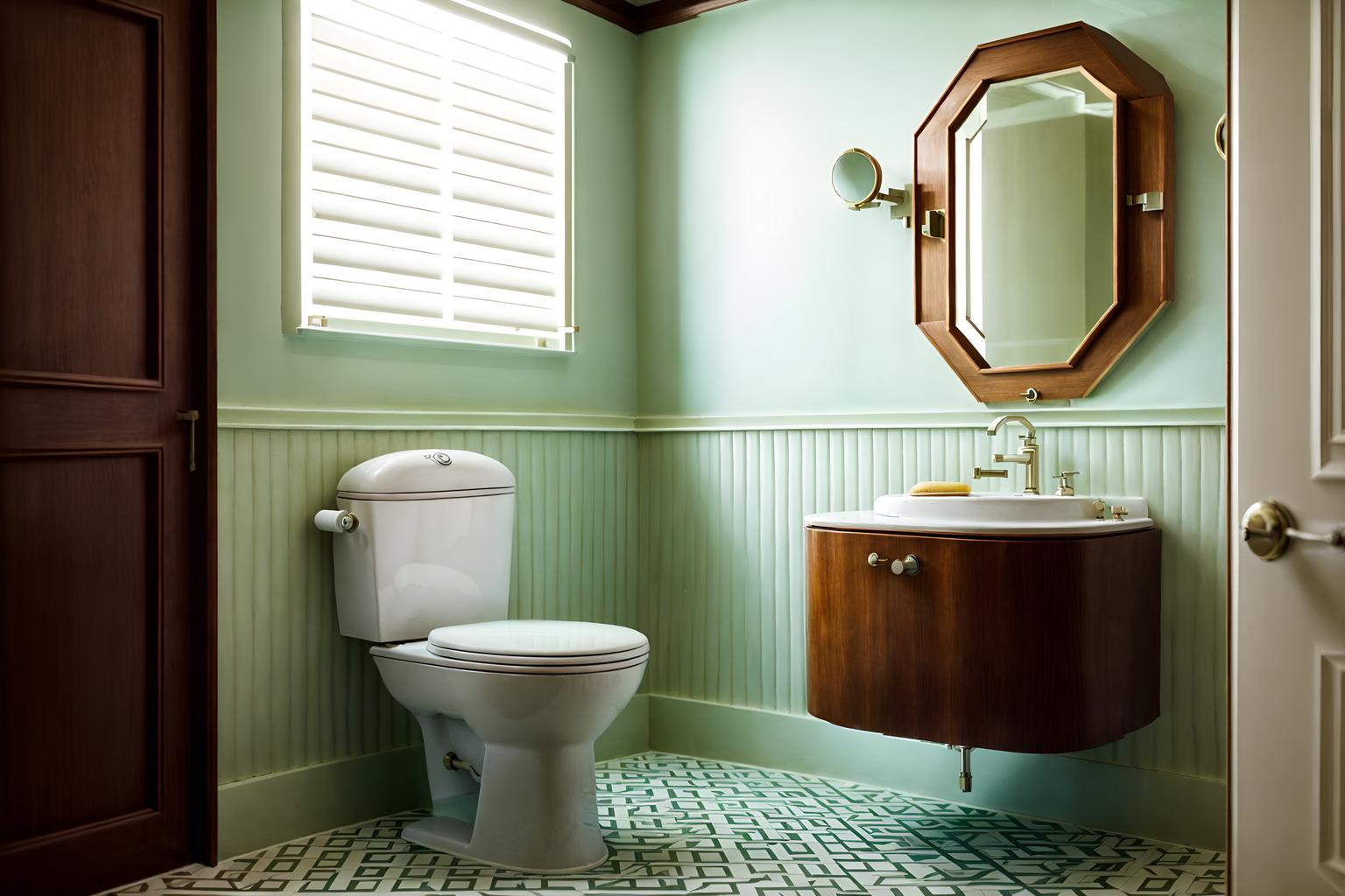 art deco-style (toilet interior) with toilet with toilet seat up and sink with tap and toilet paper hanger and toilet with toilet seat up. . with smooth lines and bold geometry and geometric lines and bright and cheerful colors and luxury and glamour and stream-lined forms and decadent detail. . cinematic photo, highly detailed, cinematic lighting, ultra-detailed, ultrarealistic, photorealism, 8k. art deco interior design style. masterpiece, cinematic light, ultrarealistic+, photorealistic+, 8k, raw photo, realistic, sharp focus on eyes, (symmetrical eyes), (intact eyes), hyperrealistic, highest quality, best quality, , highly detailed, masterpiece, best quality, extremely detailed 8k wallpaper, masterpiece, best quality, ultra-detailed, best shadow, detailed background, detailed face, detailed eyes, high contrast, best illumination, detailed face, dulux, caustic, dynamic angle, detailed glow. dramatic lighting. highly detailed, insanely detailed hair, symmetrical, intricate details, professionally retouched, 8k high definition. strong bokeh. award winning photo.