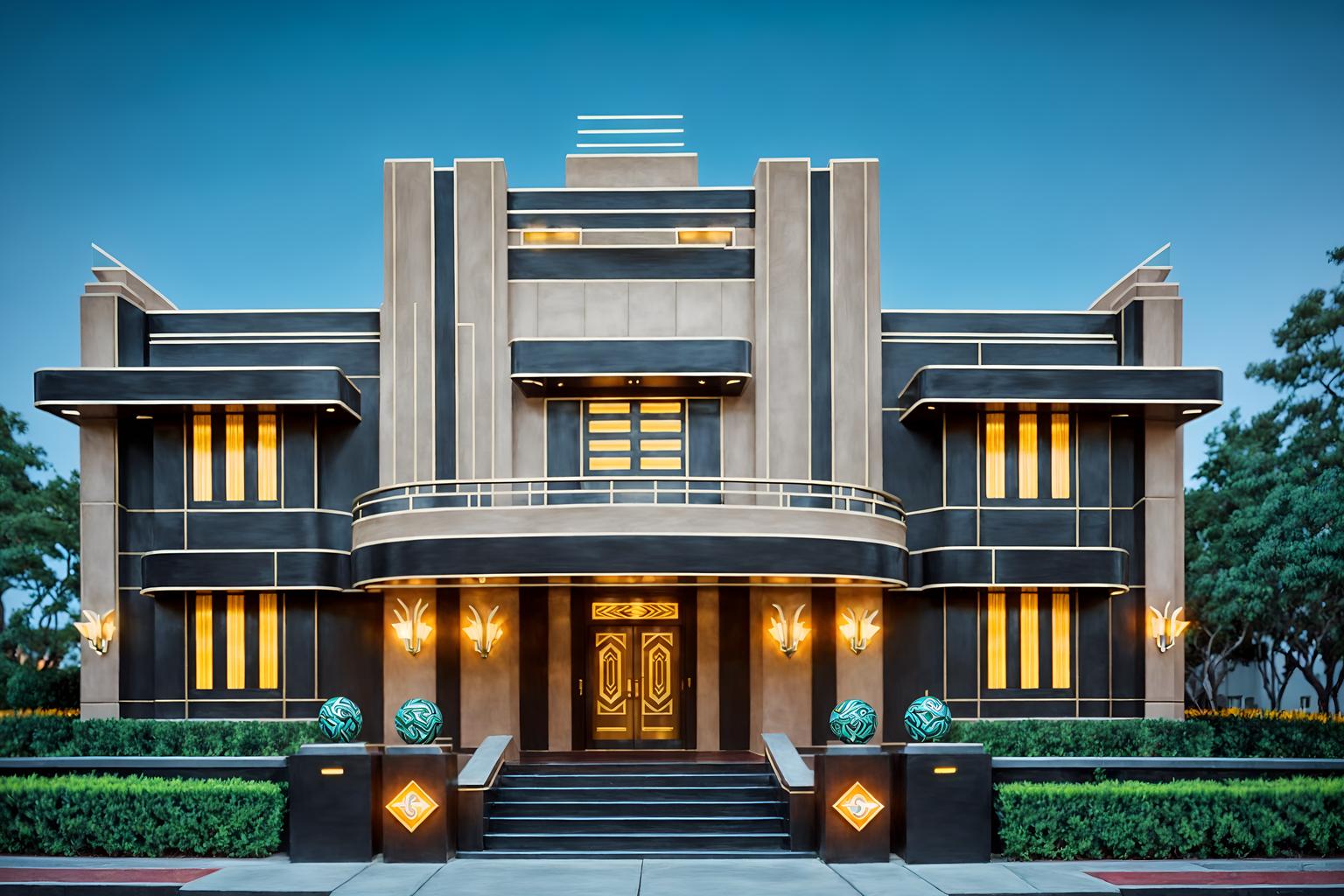 art deco-style exterior designed (house exterior exterior) . with bold geometry and rich colors and glamour and exuberant shapes and luxury and abstract patterns and symmetrical designs and geometric shapes. . cinematic photo, highly detailed, cinematic lighting, ultra-detailed, ultrarealistic, photorealism, 8k. art deco exterior design style. masterpiece, cinematic light, ultrarealistic+, photorealistic+, 8k, raw photo, realistic, sharp focus on eyes, (symmetrical eyes), (intact eyes), hyperrealistic, highest quality, best quality, , highly detailed, masterpiece, best quality, extremely detailed 8k wallpaper, masterpiece, best quality, ultra-detailed, best shadow, detailed background, detailed face, detailed eyes, high contrast, best illumination, detailed face, dulux, caustic, dynamic angle, detailed glow. dramatic lighting. highly detailed, insanely detailed hair, symmetrical, intricate details, professionally retouched, 8k high definition. strong bokeh. award winning photo.