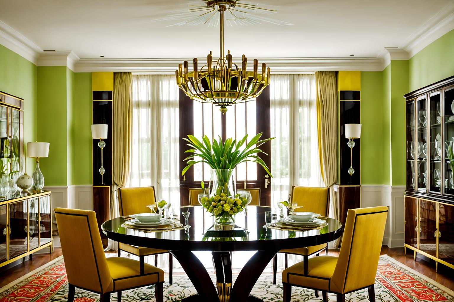 art deco-style (dining room interior) with plates, cutlery and glasses on dining table and plant and dining table chairs and bookshelves and vase and table cloth and painting or photo on wall and light or chandelier. . with exuberant shapes and decadent detail and geometric lines and glamour and symmetrical designs and rich colors and luxury and bright and cheerful colors. . cinematic photo, highly detailed, cinematic lighting, ultra-detailed, ultrarealistic, photorealism, 8k. art deco interior design style. masterpiece, cinematic light, ultrarealistic+, photorealistic+, 8k, raw photo, realistic, sharp focus on eyes, (symmetrical eyes), (intact eyes), hyperrealistic, highest quality, best quality, , highly detailed, masterpiece, best quality, extremely detailed 8k wallpaper, masterpiece, best quality, ultra-detailed, best shadow, detailed background, detailed face, detailed eyes, high contrast, best illumination, detailed face, dulux, caustic, dynamic angle, detailed glow. dramatic lighting. highly detailed, insanely detailed hair, symmetrical, intricate details, professionally retouched, 8k high definition. strong bokeh. award winning photo.