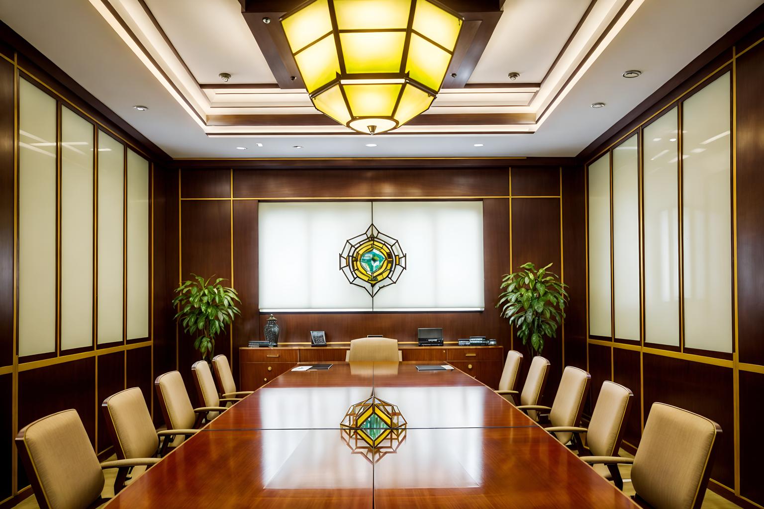 art deco-style (meeting room interior) with boardroom table and plant and office chairs and cabinets and glass doors and painting or photo on wall and glass walls and vase. . with symmetrical designs and luxury and bold geometry and geometric shapes and smooth lines and bright and cheerful colors and geometric lines and decadent detail. . cinematic photo, highly detailed, cinematic lighting, ultra-detailed, ultrarealistic, photorealism, 8k. art deco interior design style. masterpiece, cinematic light, ultrarealistic+, photorealistic+, 8k, raw photo, realistic, sharp focus on eyes, (symmetrical eyes), (intact eyes), hyperrealistic, highest quality, best quality, , highly detailed, masterpiece, best quality, extremely detailed 8k wallpaper, masterpiece, best quality, ultra-detailed, best shadow, detailed background, detailed face, detailed eyes, high contrast, best illumination, detailed face, dulux, caustic, dynamic angle, detailed glow. dramatic lighting. highly detailed, insanely detailed hair, symmetrical, intricate details, professionally retouched, 8k high definition. strong bokeh. award winning photo.