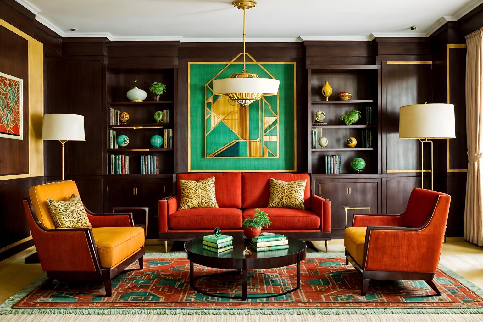 art deco-style (living room interior) with chairs and electric lamps and sofa and televisions and bookshelves and furniture and plant and rug. . with rich colors and stream-lined forms and abstract patterns and symmetrical designs and angular shapes and geometric lines and luxury and bright and cheerful colors. . cinematic photo, highly detailed, cinematic lighting, ultra-detailed, ultrarealistic, photorealism, 8k. art deco interior design style. masterpiece, cinematic light, ultrarealistic+, photorealistic+, 8k, raw photo, realistic, sharp focus on eyes, (symmetrical eyes), (intact eyes), hyperrealistic, highest quality, best quality, , highly detailed, masterpiece, best quality, extremely detailed 8k wallpaper, masterpiece, best quality, ultra-detailed, best shadow, detailed background, detailed face, detailed eyes, high contrast, best illumination, detailed face, dulux, caustic, dynamic angle, detailed glow. dramatic lighting. highly detailed, insanely detailed hair, symmetrical, intricate details, professionally retouched, 8k high definition. strong bokeh. award winning photo.