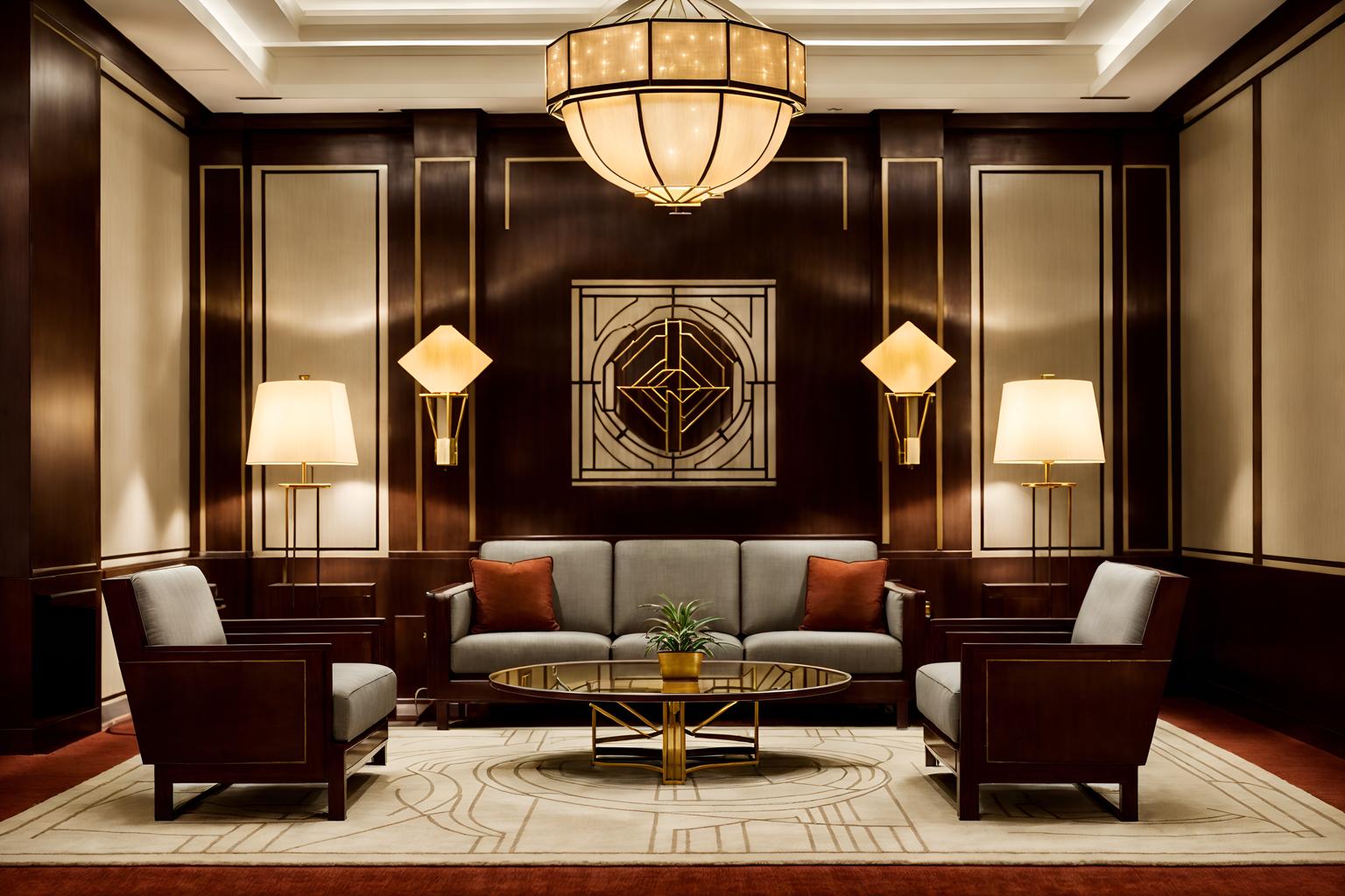 art deco-style (hotel lobby interior) with plant and furniture and sofas and coffee tables and rug and check in desk and lounge chairs and hanging lamps. . with smooth lines and angular shapes and luxury and decadent detail and exuberant shapes and geometric lines and abstract patterns and symmetrical designs. . cinematic photo, highly detailed, cinematic lighting, ultra-detailed, ultrarealistic, photorealism, 8k. art deco interior design style. masterpiece, cinematic light, ultrarealistic+, photorealistic+, 8k, raw photo, realistic, sharp focus on eyes, (symmetrical eyes), (intact eyes), hyperrealistic, highest quality, best quality, , highly detailed, masterpiece, best quality, extremely detailed 8k wallpaper, masterpiece, best quality, ultra-detailed, best shadow, detailed background, detailed face, detailed eyes, high contrast, best illumination, detailed face, dulux, caustic, dynamic angle, detailed glow. dramatic lighting. highly detailed, insanely detailed hair, symmetrical, intricate details, professionally retouched, 8k high definition. strong bokeh. award winning photo.