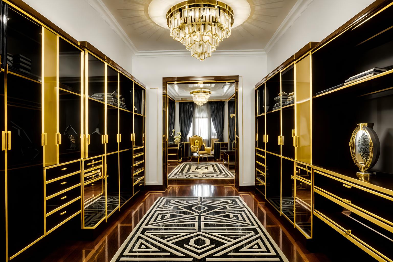 art deco-style (walk in closet interior) . with symmetrical designs and stream-lined forms and exuberant shapes and abstract patterns and luxury and glamour and geometric shapes and decadent detail. . cinematic photo, highly detailed, cinematic lighting, ultra-detailed, ultrarealistic, photorealism, 8k. art deco interior design style. masterpiece, cinematic light, ultrarealistic+, photorealistic+, 8k, raw photo, realistic, sharp focus on eyes, (symmetrical eyes), (intact eyes), hyperrealistic, highest quality, best quality, , highly detailed, masterpiece, best quality, extremely detailed 8k wallpaper, masterpiece, best quality, ultra-detailed, best shadow, detailed background, detailed face, detailed eyes, high contrast, best illumination, detailed face, dulux, caustic, dynamic angle, detailed glow. dramatic lighting. highly detailed, insanely detailed hair, symmetrical, intricate details, professionally retouched, 8k high definition. strong bokeh. award winning photo.