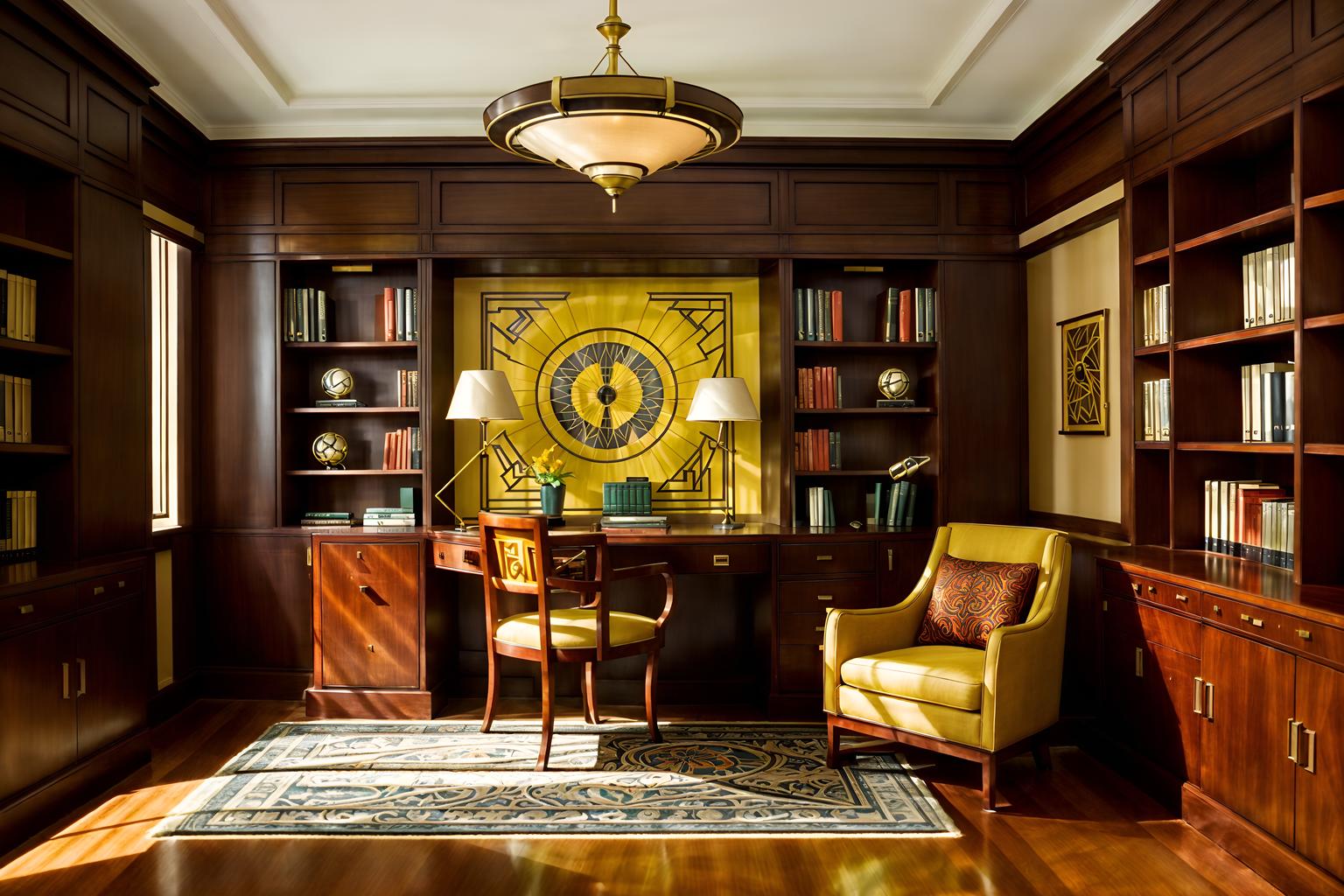 art deco-style (study room interior) with desk lamp and writing desk and plant and lounge chair and bookshelves and cabinets and office chair and desk lamp. . with exuberant shapes and symmetrical designs and bold geometry and glamour and rich colors and decadent detail and bright and cheerful colors and luxury. . cinematic photo, highly detailed, cinematic lighting, ultra-detailed, ultrarealistic, photorealism, 8k. art deco interior design style. masterpiece, cinematic light, ultrarealistic+, photorealistic+, 8k, raw photo, realistic, sharp focus on eyes, (symmetrical eyes), (intact eyes), hyperrealistic, highest quality, best quality, , highly detailed, masterpiece, best quality, extremely detailed 8k wallpaper, masterpiece, best quality, ultra-detailed, best shadow, detailed background, detailed face, detailed eyes, high contrast, best illumination, detailed face, dulux, caustic, dynamic angle, detailed glow. dramatic lighting. highly detailed, insanely detailed hair, symmetrical, intricate details, professionally retouched, 8k high definition. strong bokeh. award winning photo.