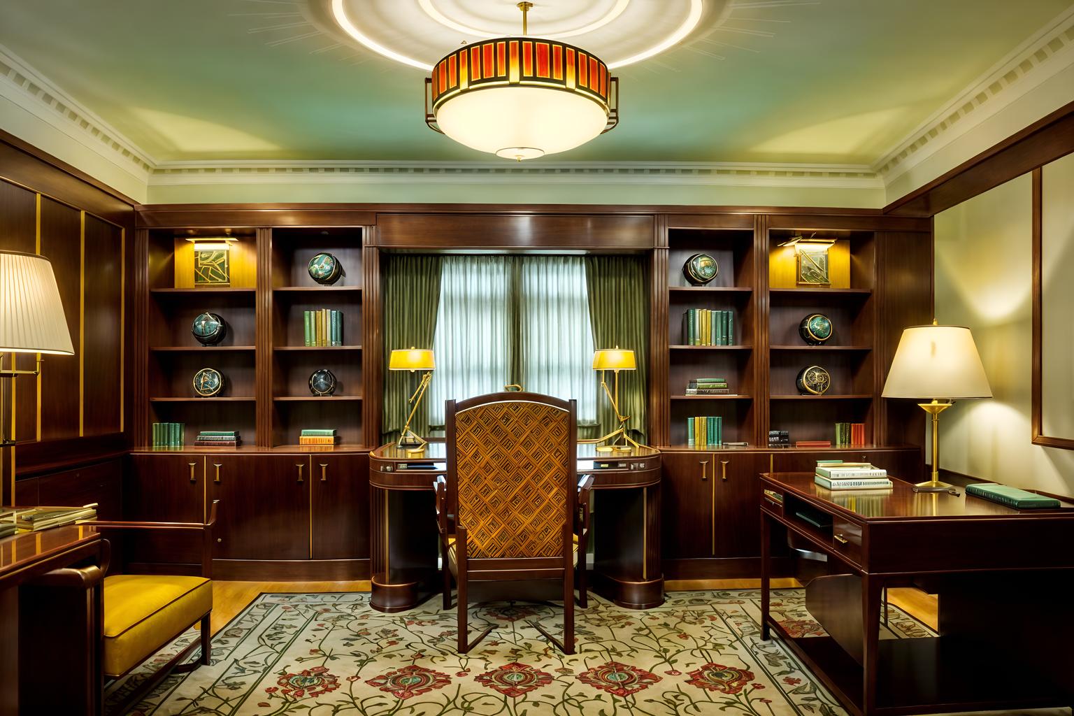 art deco-style (study room interior) with desk lamp and writing desk and plant and lounge chair and bookshelves and cabinets and office chair and desk lamp. . with exuberant shapes and symmetrical designs and bold geometry and glamour and rich colors and decadent detail and bright and cheerful colors and luxury. . cinematic photo, highly detailed, cinematic lighting, ultra-detailed, ultrarealistic, photorealism, 8k. art deco interior design style. masterpiece, cinematic light, ultrarealistic+, photorealistic+, 8k, raw photo, realistic, sharp focus on eyes, (symmetrical eyes), (intact eyes), hyperrealistic, highest quality, best quality, , highly detailed, masterpiece, best quality, extremely detailed 8k wallpaper, masterpiece, best quality, ultra-detailed, best shadow, detailed background, detailed face, detailed eyes, high contrast, best illumination, detailed face, dulux, caustic, dynamic angle, detailed glow. dramatic lighting. highly detailed, insanely detailed hair, symmetrical, intricate details, professionally retouched, 8k high definition. strong bokeh. award winning photo.