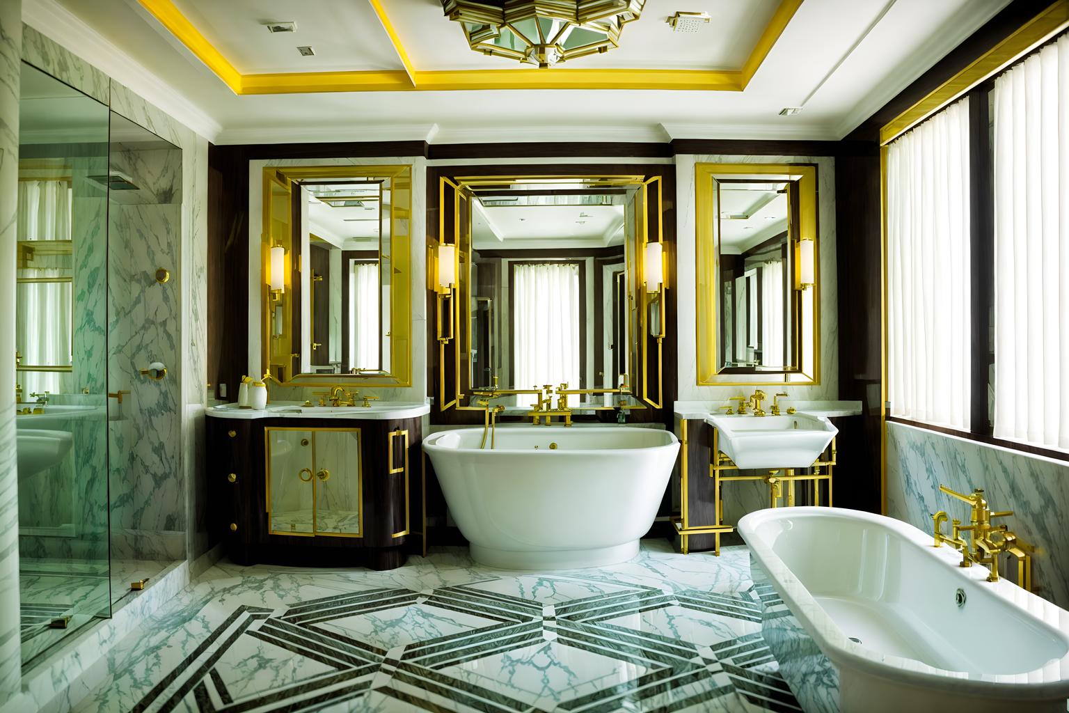 art deco-style (hotel bathroom interior) with waste basket and bathtub and mirror and toilet seat and shower and bathroom sink with faucet and bathroom cabinet and bath towel. . with abstract patterns and luxury and bold geometry and glamour and bright and cheerful colors and stream-lined forms and geometric lines and decadent detail. . cinematic photo, highly detailed, cinematic lighting, ultra-detailed, ultrarealistic, photorealism, 8k. art deco interior design style. masterpiece, cinematic light, ultrarealistic+, photorealistic+, 8k, raw photo, realistic, sharp focus on eyes, (symmetrical eyes), (intact eyes), hyperrealistic, highest quality, best quality, , highly detailed, masterpiece, best quality, extremely detailed 8k wallpaper, masterpiece, best quality, ultra-detailed, best shadow, detailed background, detailed face, detailed eyes, high contrast, best illumination, detailed face, dulux, caustic, dynamic angle, detailed glow. dramatic lighting. highly detailed, insanely detailed hair, symmetrical, intricate details, professionally retouched, 8k high definition. strong bokeh. award winning photo.