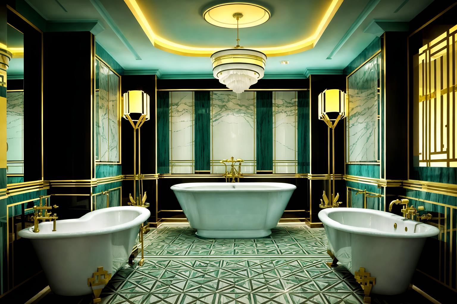 art deco-style (hotel bathroom interior) with waste basket and bathtub and mirror and toilet seat and shower and bathroom sink with faucet and bathroom cabinet and bath towel. . with abstract patterns and luxury and bold geometry and glamour and bright and cheerful colors and stream-lined forms and geometric lines and decadent detail. . cinematic photo, highly detailed, cinematic lighting, ultra-detailed, ultrarealistic, photorealism, 8k. art deco interior design style. masterpiece, cinematic light, ultrarealistic+, photorealistic+, 8k, raw photo, realistic, sharp focus on eyes, (symmetrical eyes), (intact eyes), hyperrealistic, highest quality, best quality, , highly detailed, masterpiece, best quality, extremely detailed 8k wallpaper, masterpiece, best quality, ultra-detailed, best shadow, detailed background, detailed face, detailed eyes, high contrast, best illumination, detailed face, dulux, caustic, dynamic angle, detailed glow. dramatic lighting. highly detailed, insanely detailed hair, symmetrical, intricate details, professionally retouched, 8k high definition. strong bokeh. award winning photo.